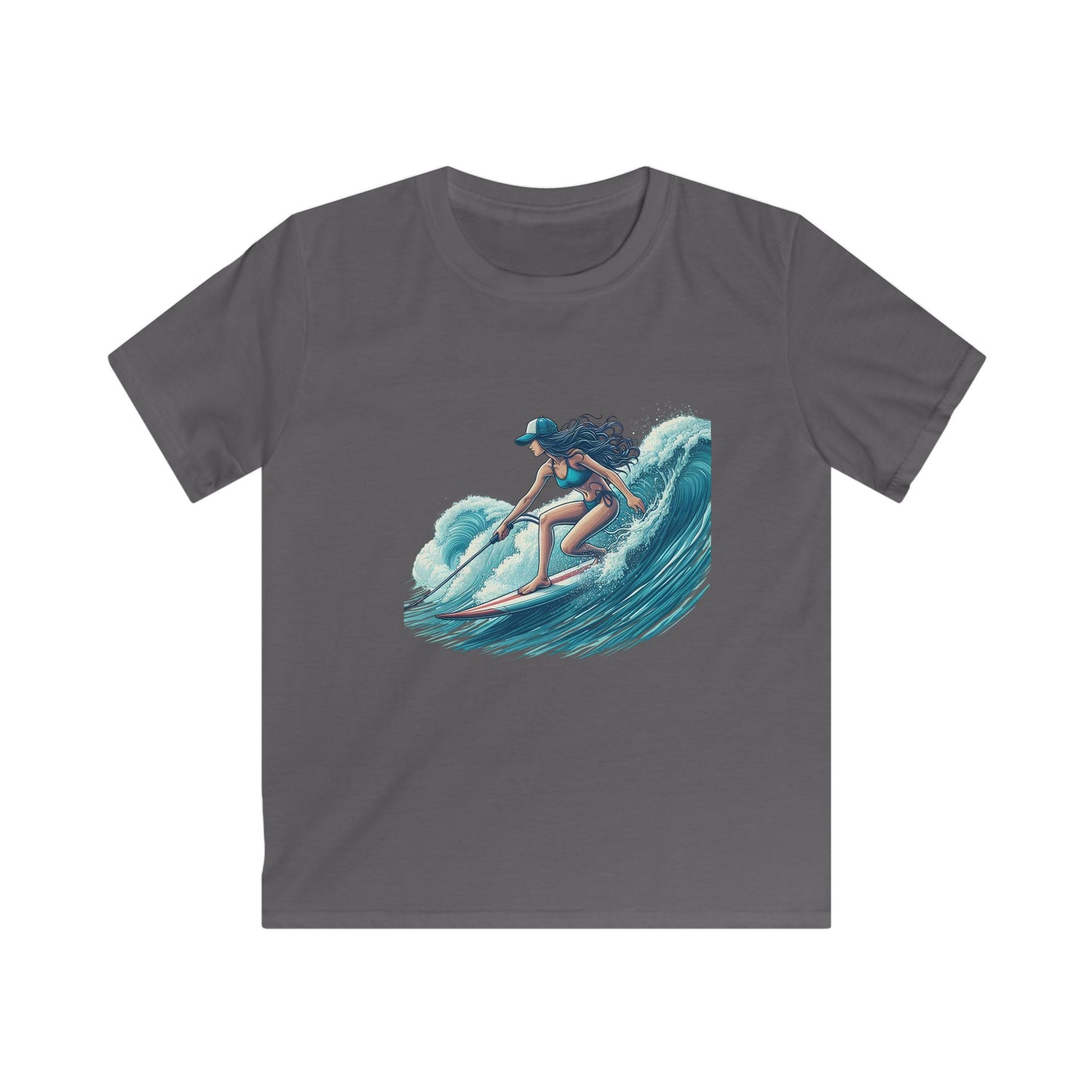 Surfer Girl Kids Softstyle Tee, Youth Surf T-Shirt, Cool Summer Top, Beachwear for Kids, Gift for Young Surfers, Fun Outdoor Apparel