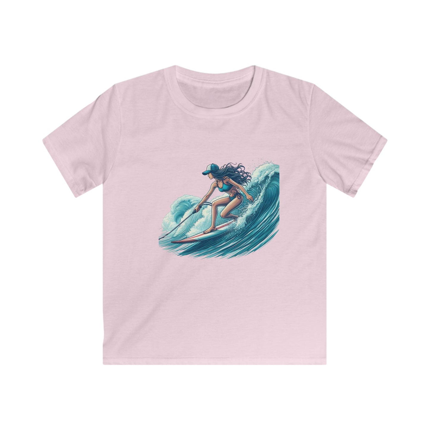 Surfer Girl Kids Softstyle Tee, Youth Surf T-Shirt, Cool Summer Top, Beachwear for Kids, Gift for Young Surfers, Fun Outdoor Apparel