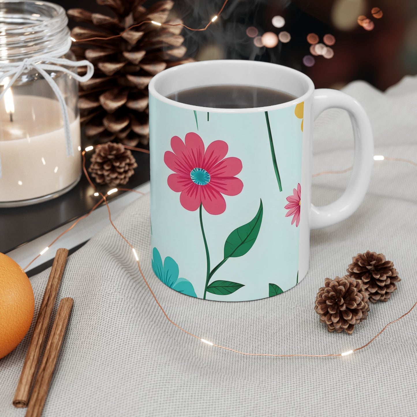 Floral Pattern Ceramic Mug — Colorful Spring Flowers 11oz & 15oz