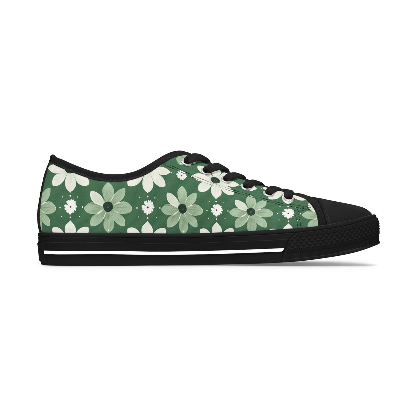 Floral Green Daisy Low Top Sneakers — Casual Garden Print Shoes