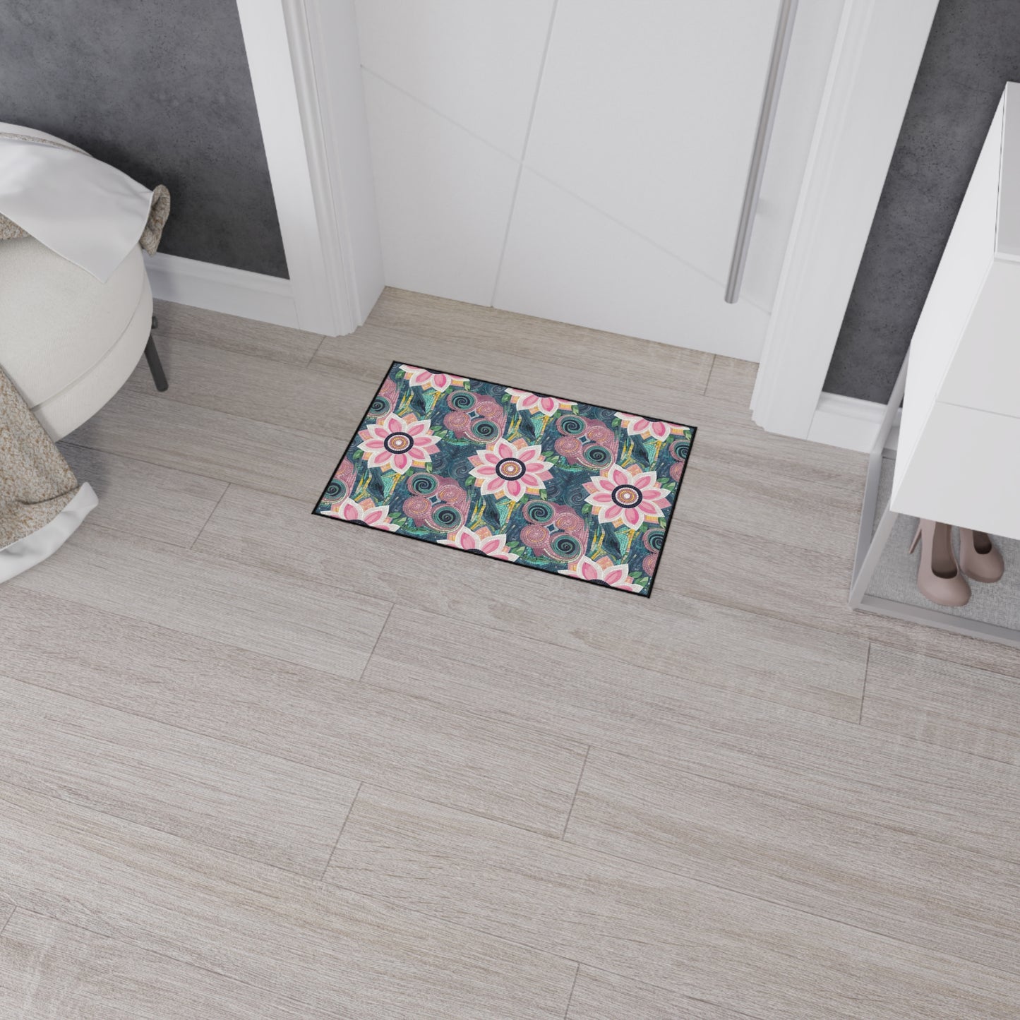Floral Boho Heavy-Duty Floor Mat — Pink Lotus Pattern Rug