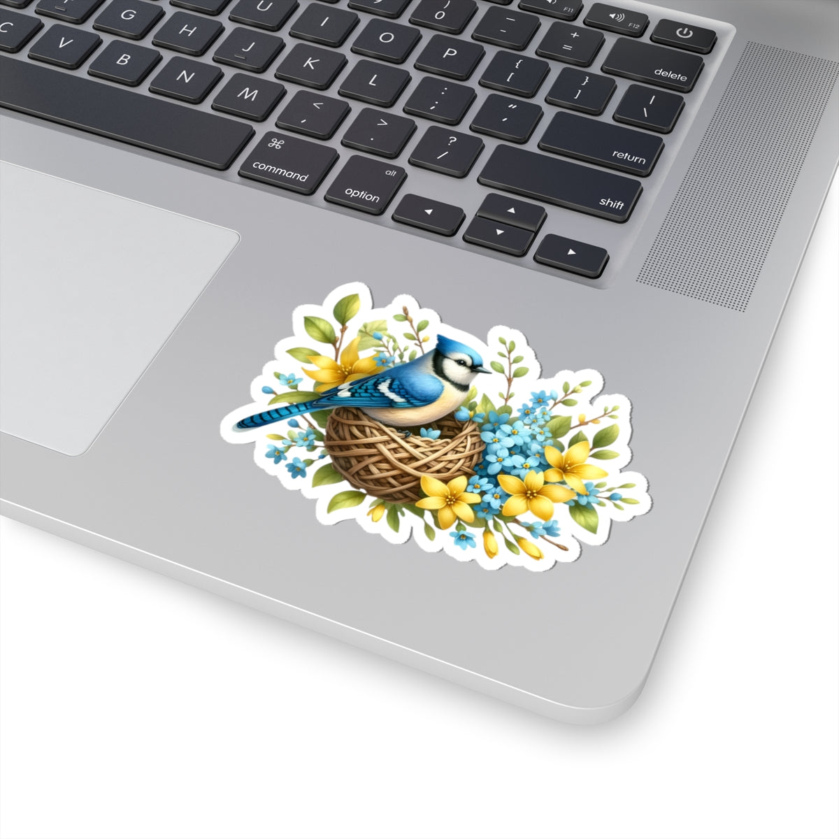 Blue Jay Nest Sticker — Floral Bird Kiss-Cut Vinyl Decal