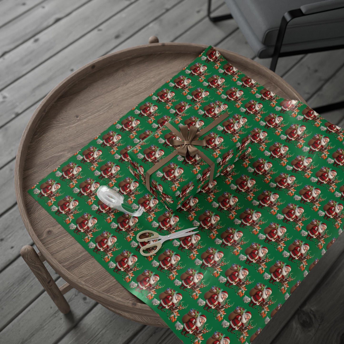 Christmas Santa & Reindeer Wrapping Paper Roll — Festive Green Holiday Gift Wrap