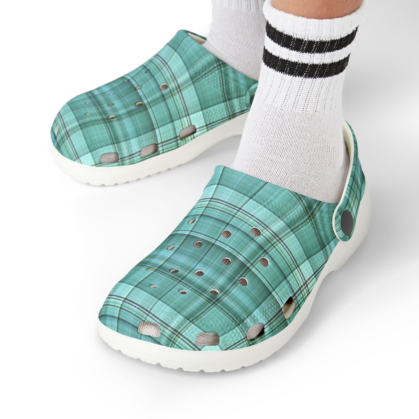 Kids Teal Plaid EVA Foam Clogs — Lightweight Slip-On Sandals for Toddlers & Children