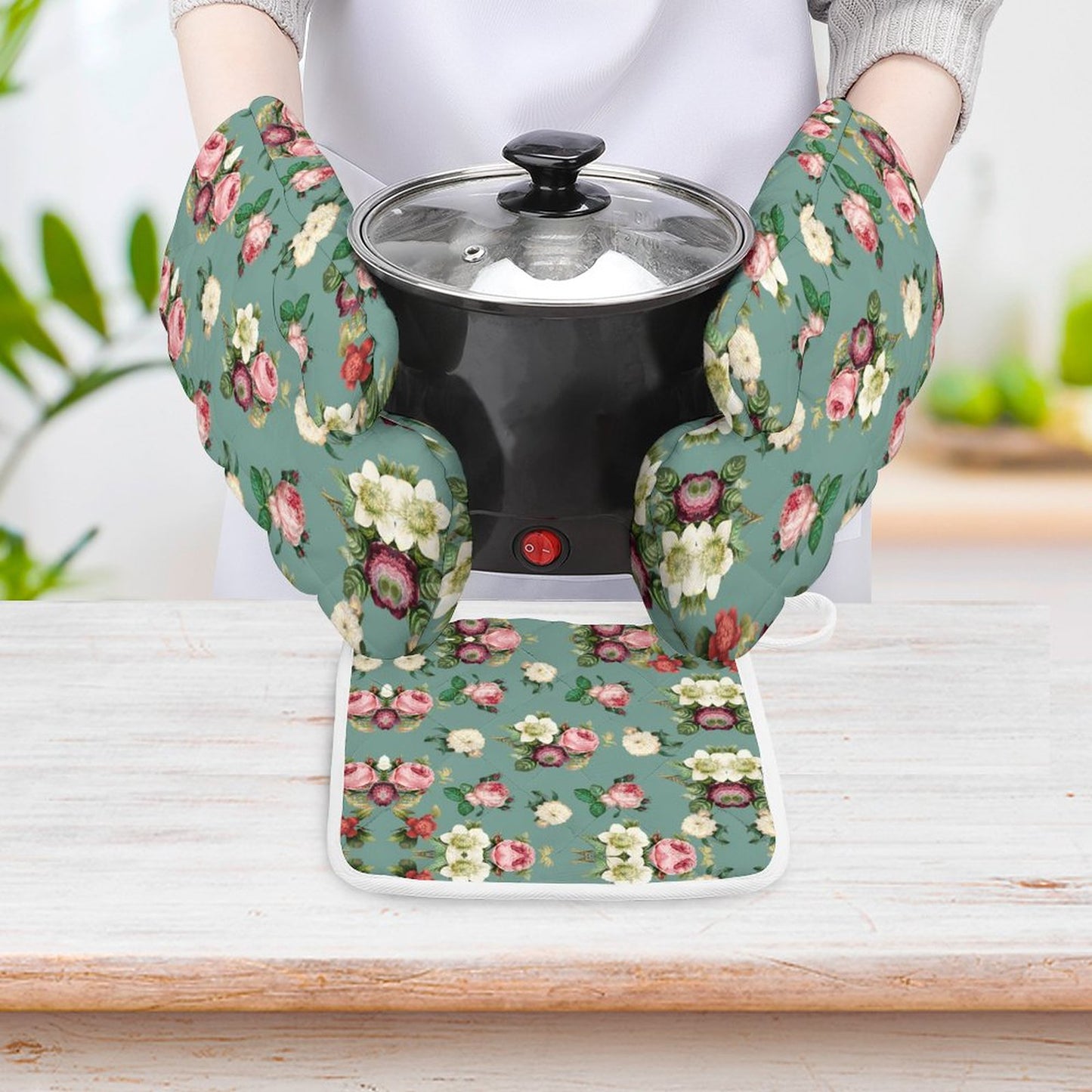 Oven Mitts & Pot Holder Set of 3 Flowers