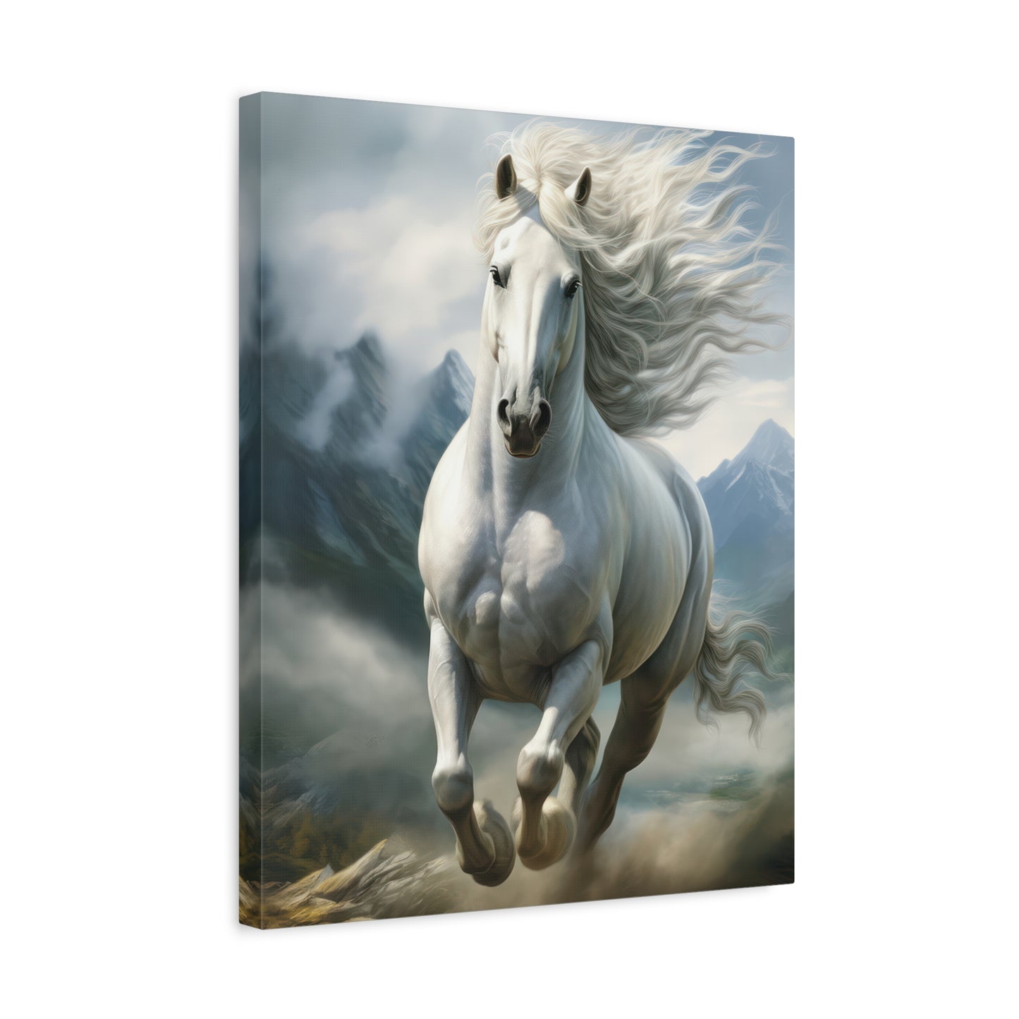 White Stallion Canvas Print – Majestic Galloping Horse Wall Art
