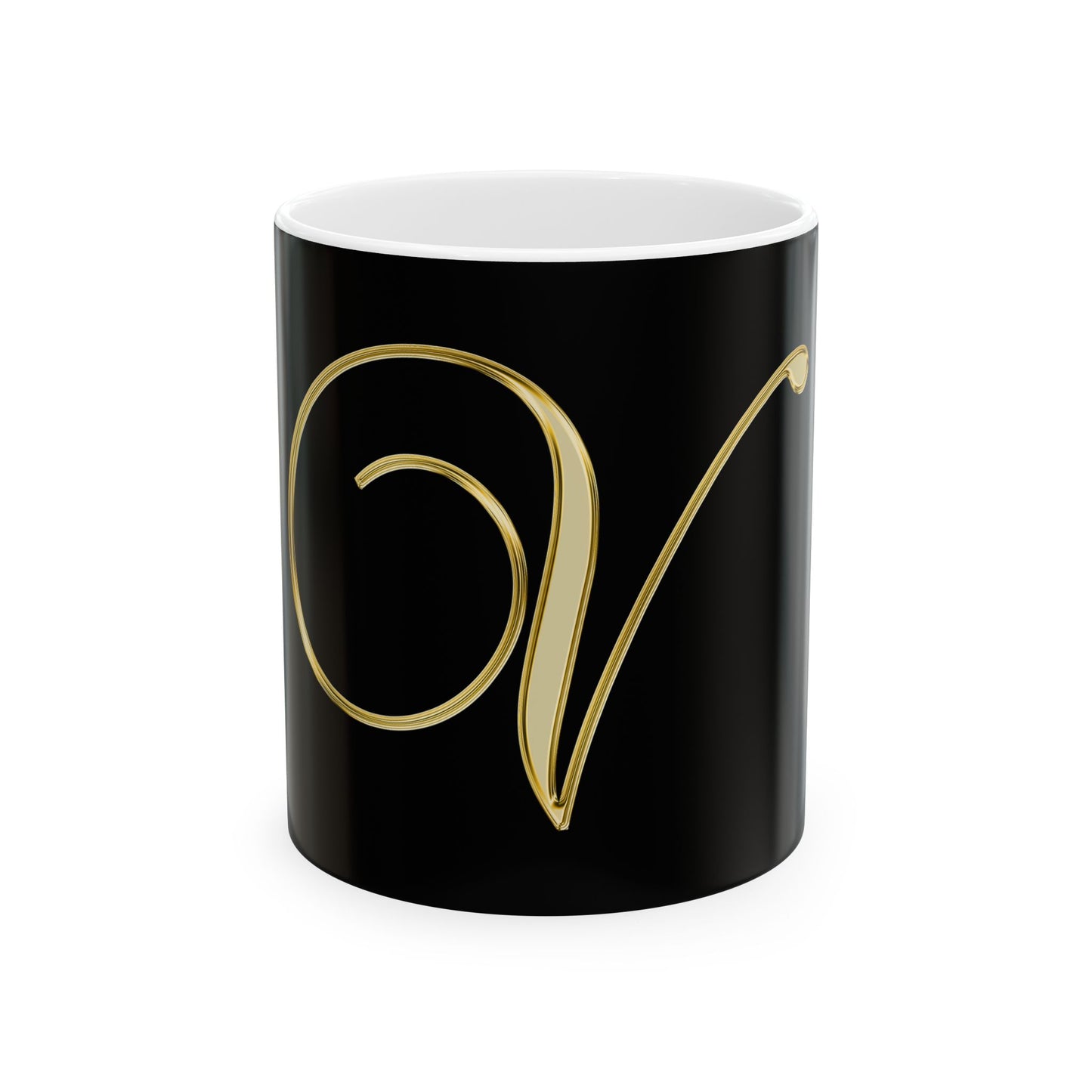 Gold Script Letter V Ceramic Mug — Elegant Monogram Coffee Cup (11oz, 15oz)