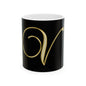 Gold Script Letter V Ceramic Mug — Elegant Monogram Coffee Cup (11oz, 15oz)
