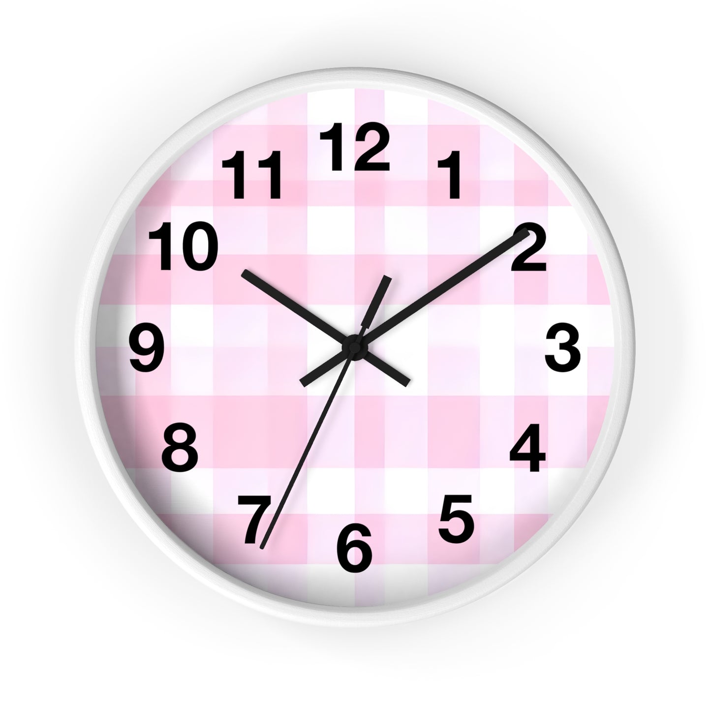 Pink Gingham Wall Clock — Cute Check Pattern Clock for Nursery & Kitchen