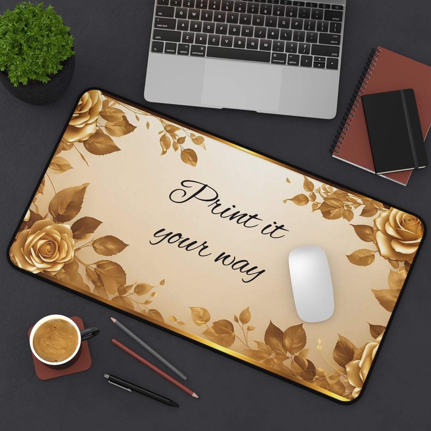 Gold Floral Desk Mat — Customizable Elegant Mouse Pad with "Print it your way" Design