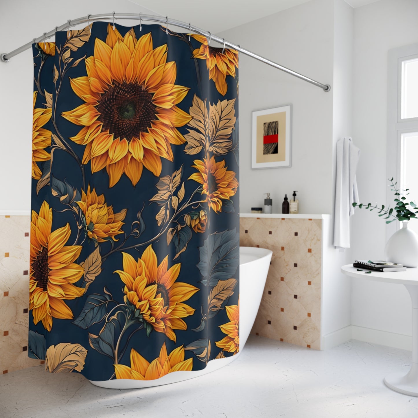 Sunflower Shower Curtain — Golden Sunflowers on Navy Floral Bath Curtain