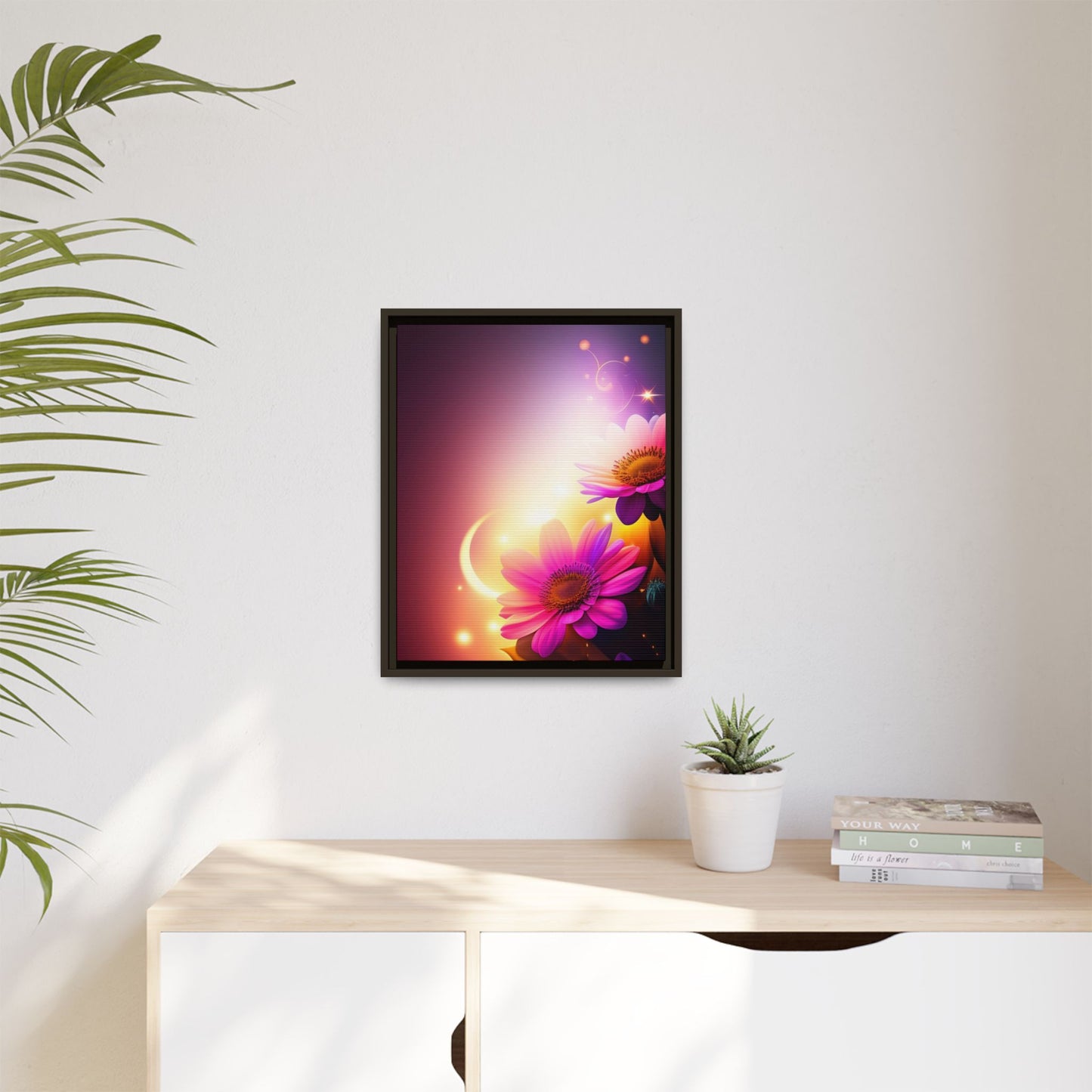 Framed Floral Canvas Art — Pink Daisies Sunset Wall Print