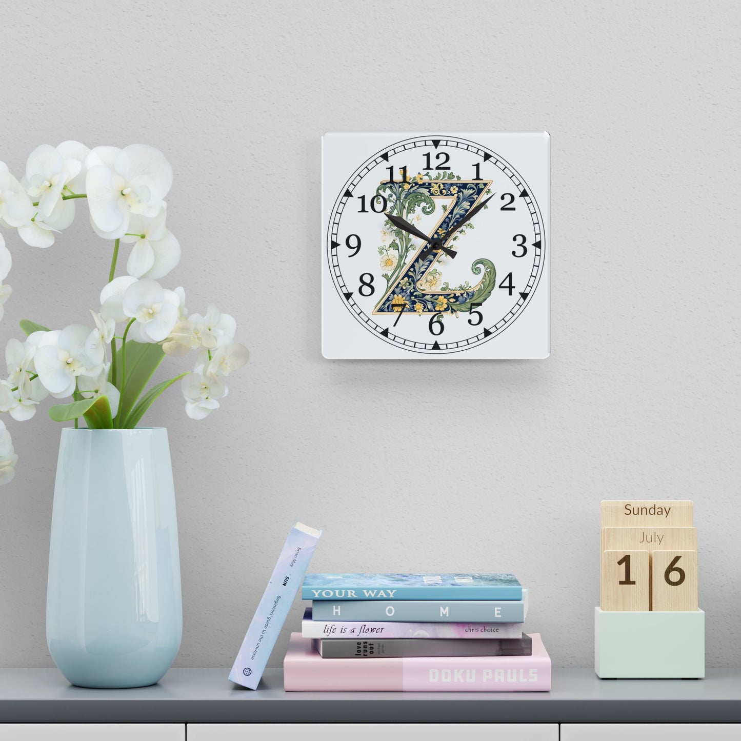 Floral Monogram "Z" Acrylic Wall Clock — Vintage Botanical Initial Clock