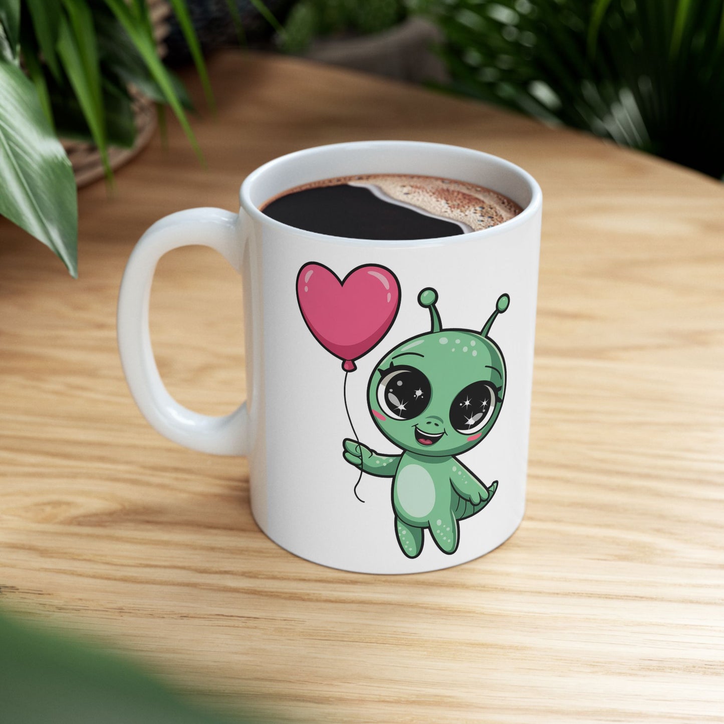 Cute Alien Holding Heart Balloon Ceramic Mug — 11oz & 15oz Gift Mug