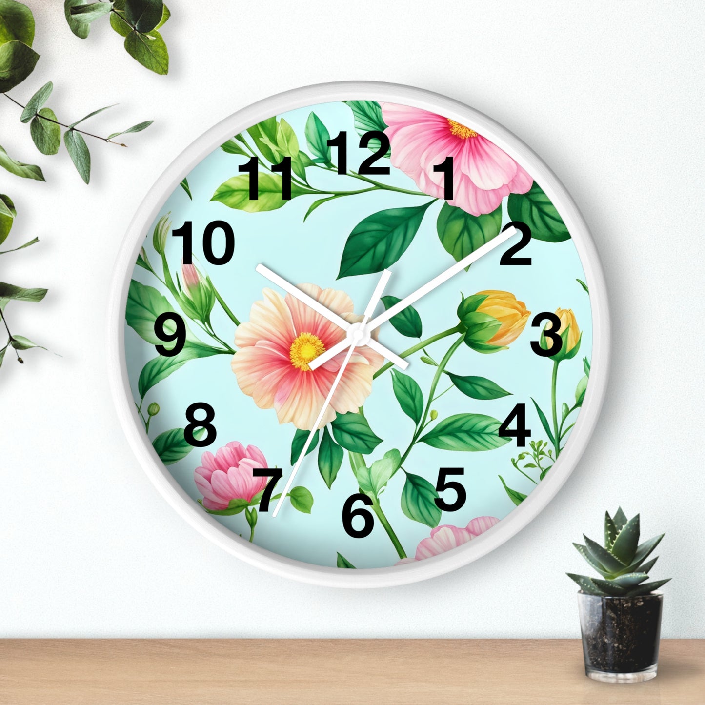 Floral Cottage Wall Clock — Pastel Pink & Green Garden Design