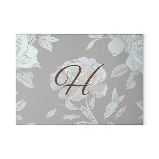 Personalized Floral Glass Cutting Board with Initials Letter H