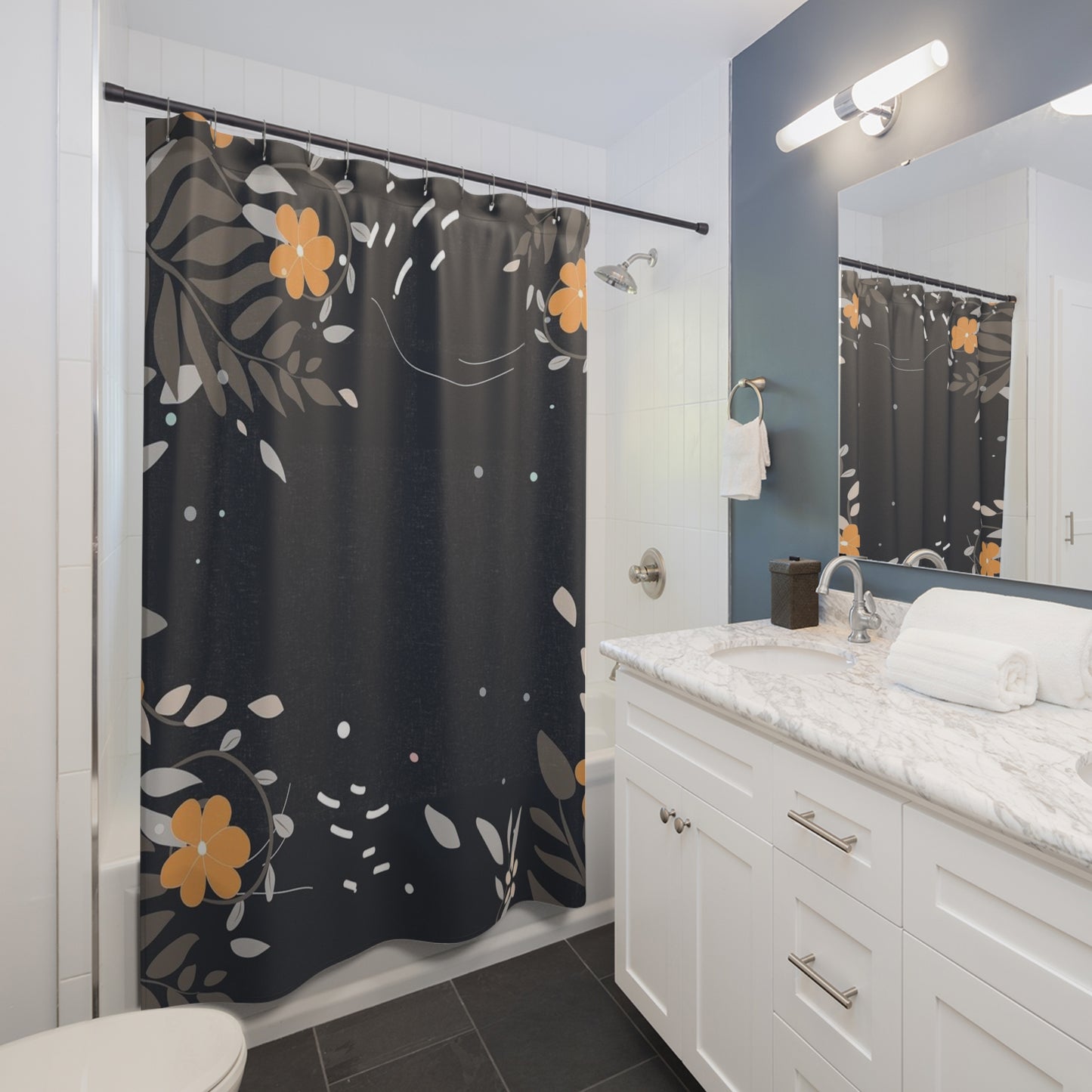 Dark Floral Shower Curtain — Modern Navy Bathroom Decor with Orange Blooms