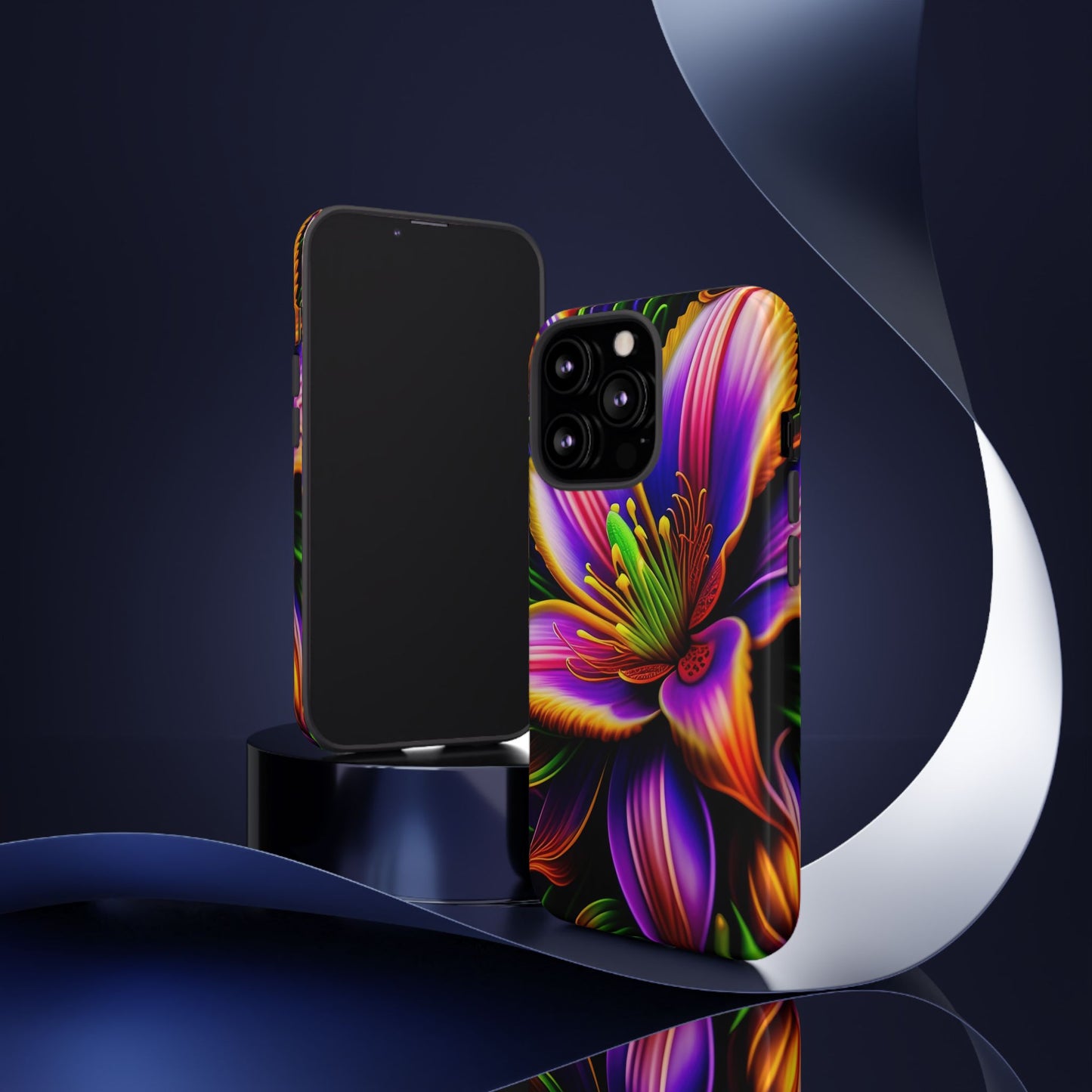 Floral Neon Tough Phone Case — Vivid Purple & Orange Lily Protective Cover