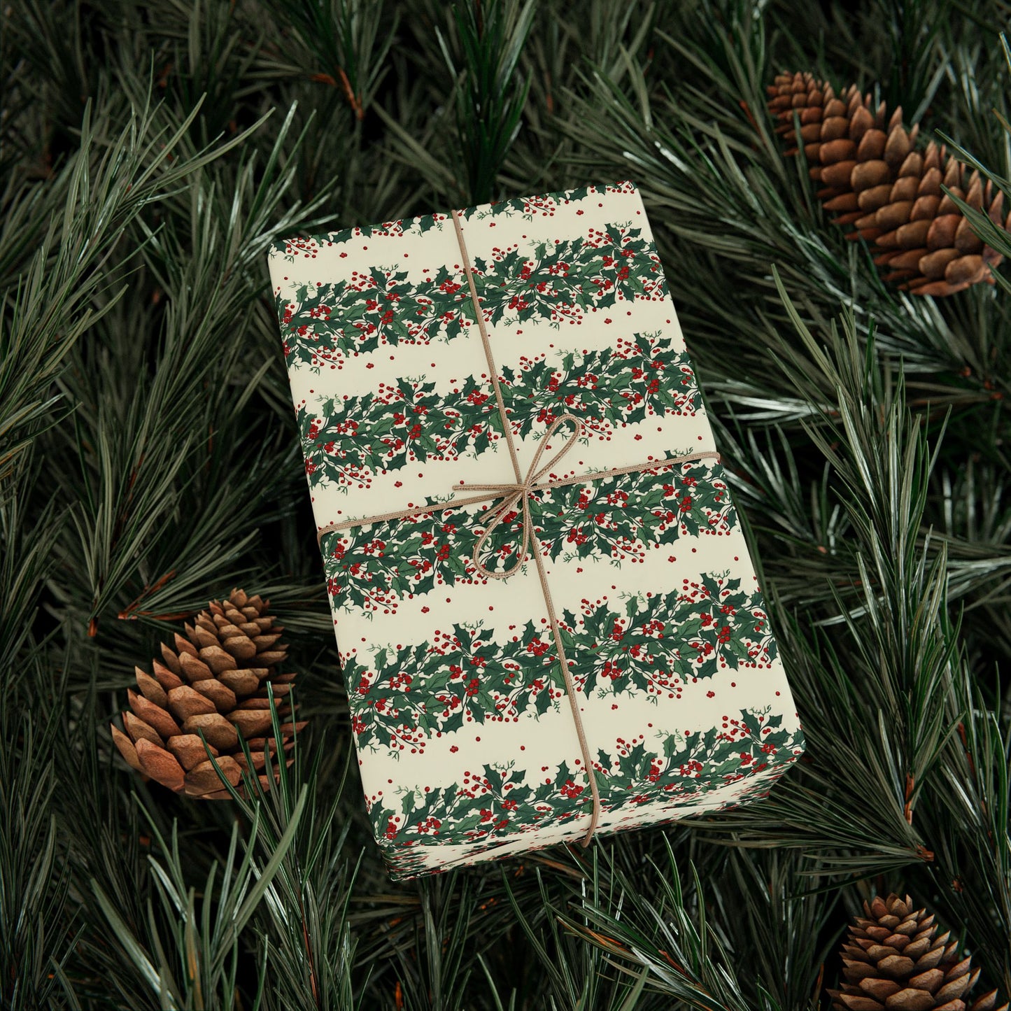 Holiday Pine Sprig Wrapping Paper Roll — Festive Green & Red Gift Wrap