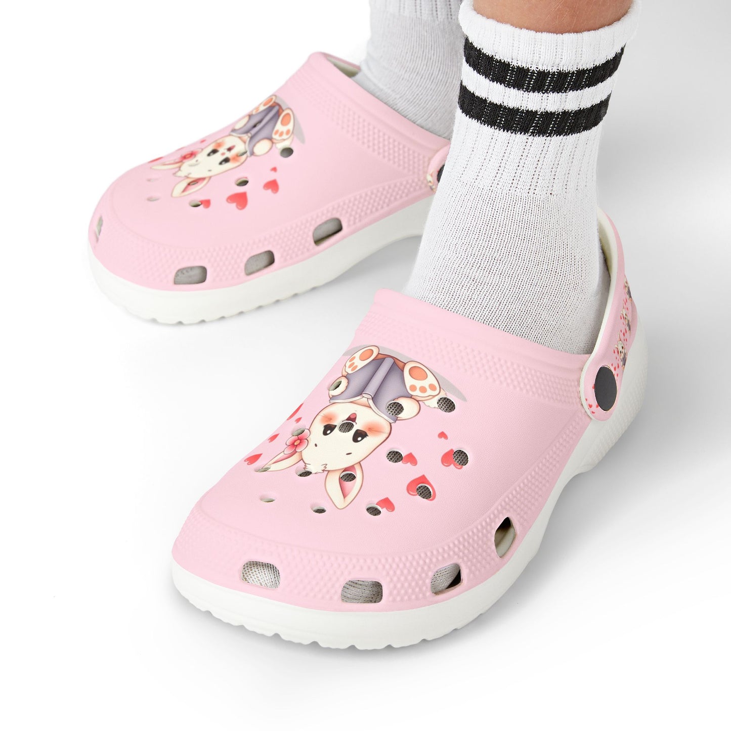 Kids Pink Bunny Clogs — Cute EVA Foam Slip-On Shoes with Hearts