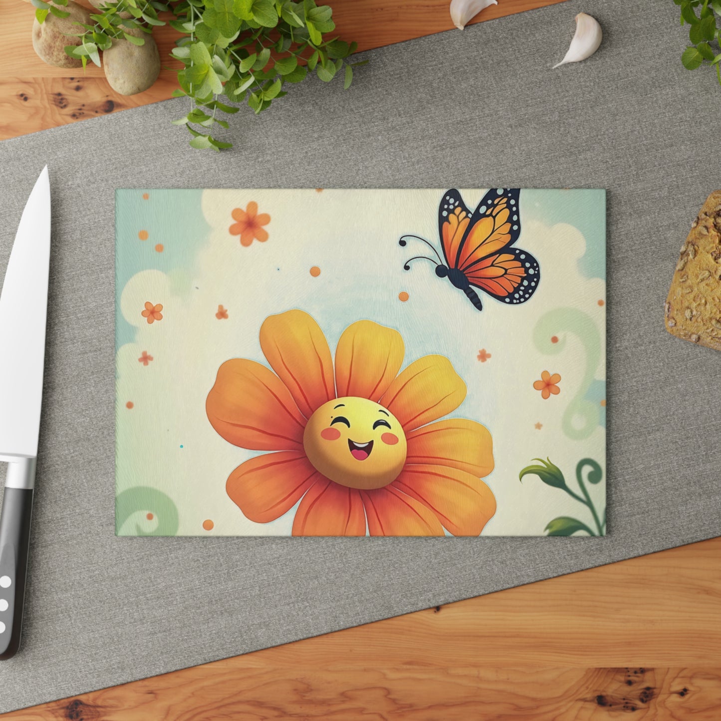 Cheerful Floral Glass Cutting Board, Kitchen Decor, Gift for Home, Cooking Accessory, Butterfly Artwork, Spring Inspired
