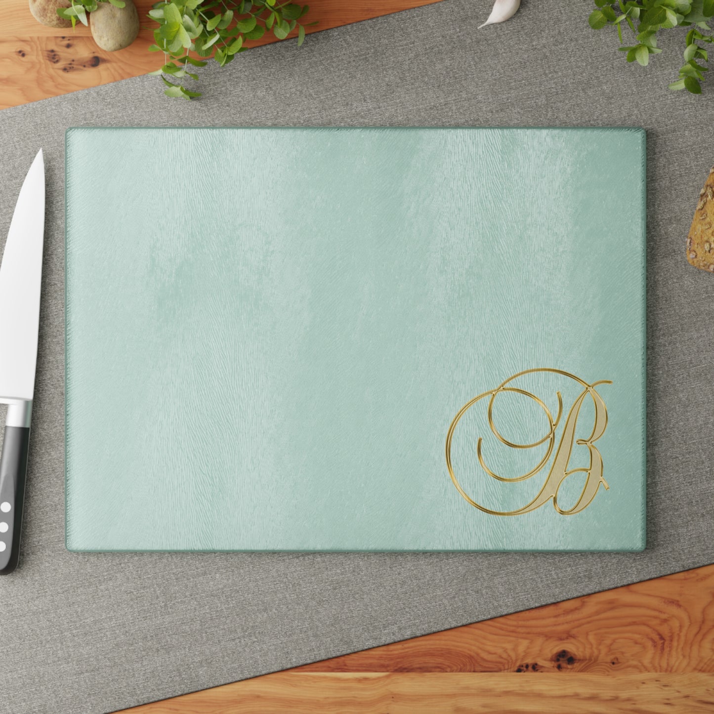 Monogram Glass Cutting Board – Elegant Gold 'B' on Mint or Clear