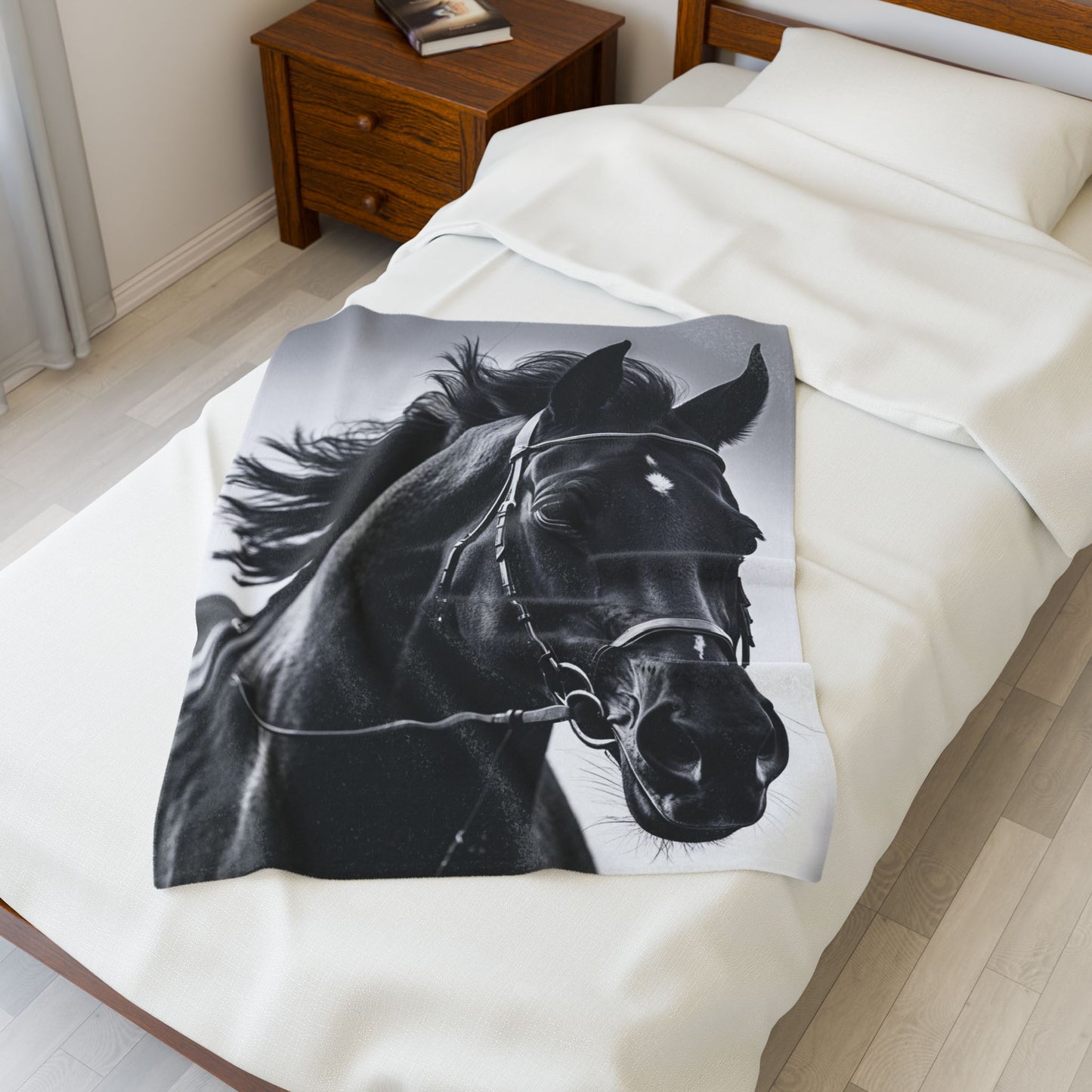 Black Stallion Velveteen Plush Blanket – Photoreal Horse Throw for Equestrian Fans