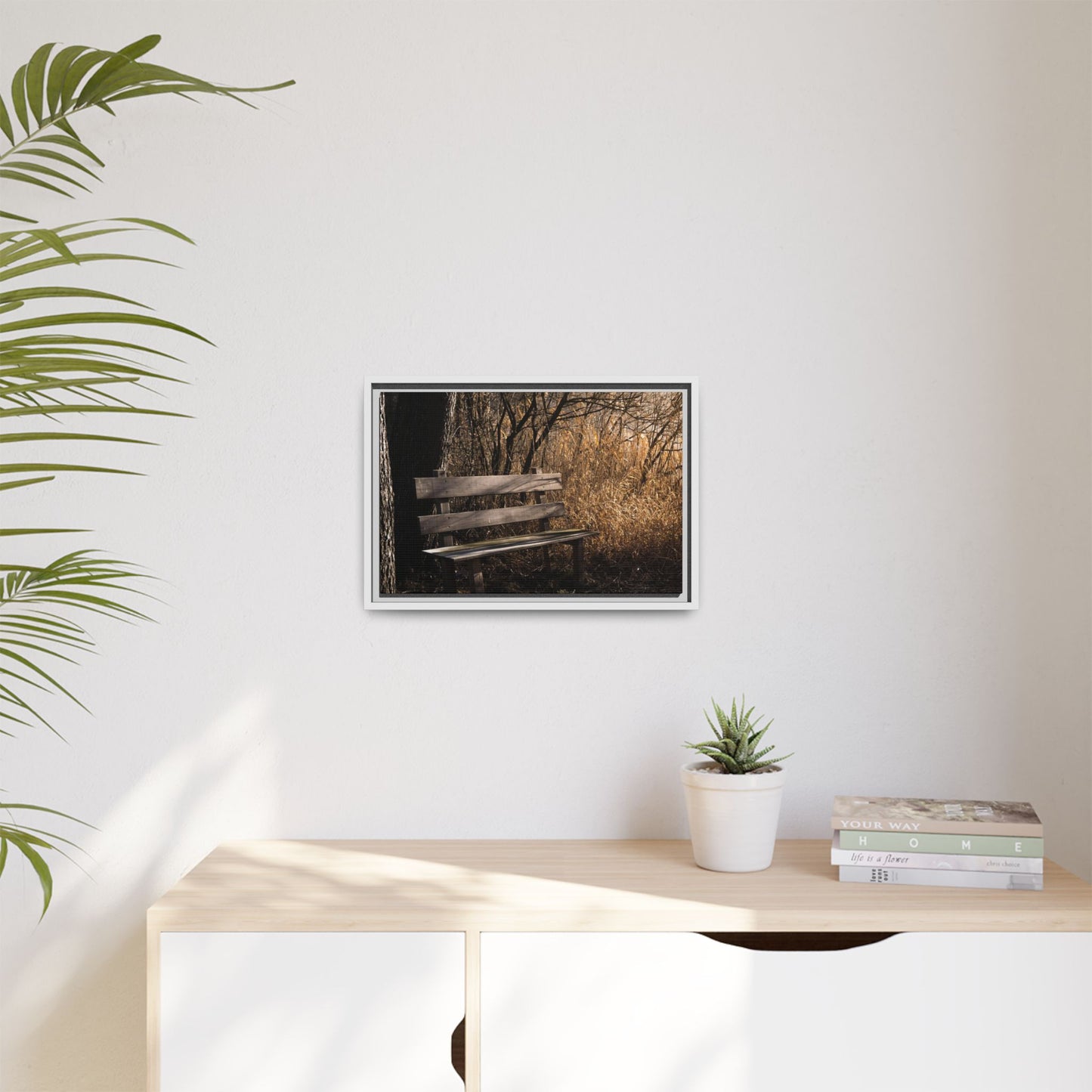 Framed Matte Canvas Print — Autumn Park Bench Photography