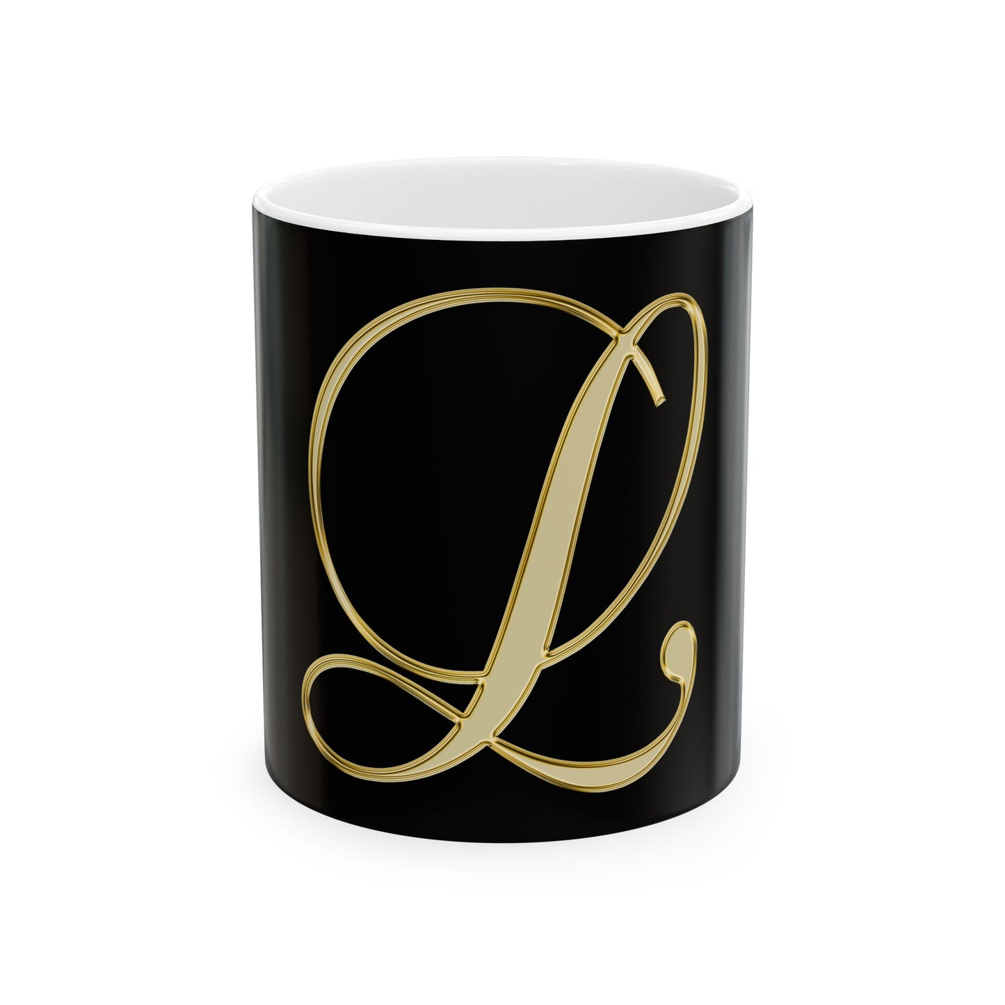 Monogram L Gold Letter Ceramic Mug — Elegant Black & Gold Initial Coffee Cup (11oz, 15oz)
