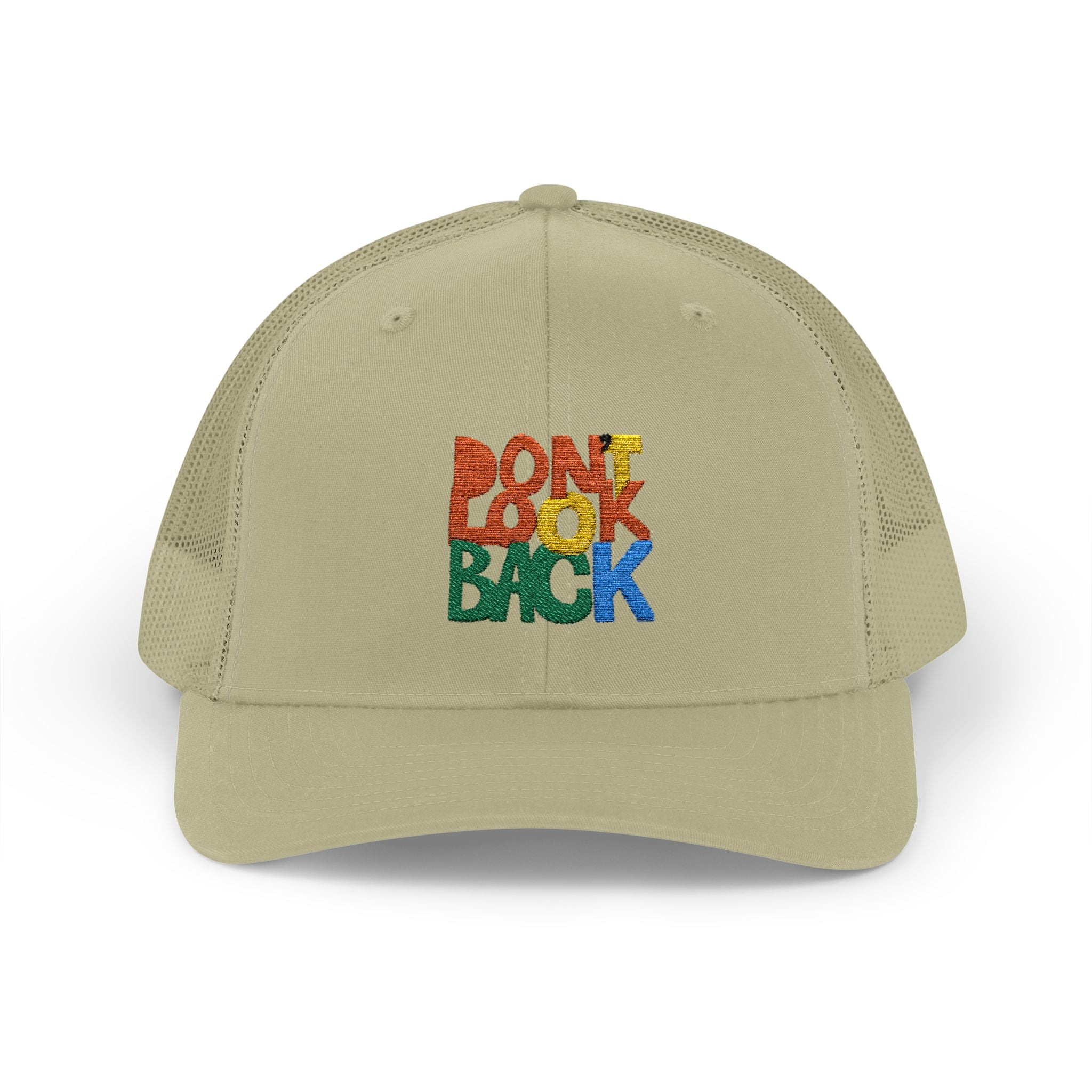 Don’t Look Back Snapback Trucker Cap — Retro Rainbow Embroidered Hat