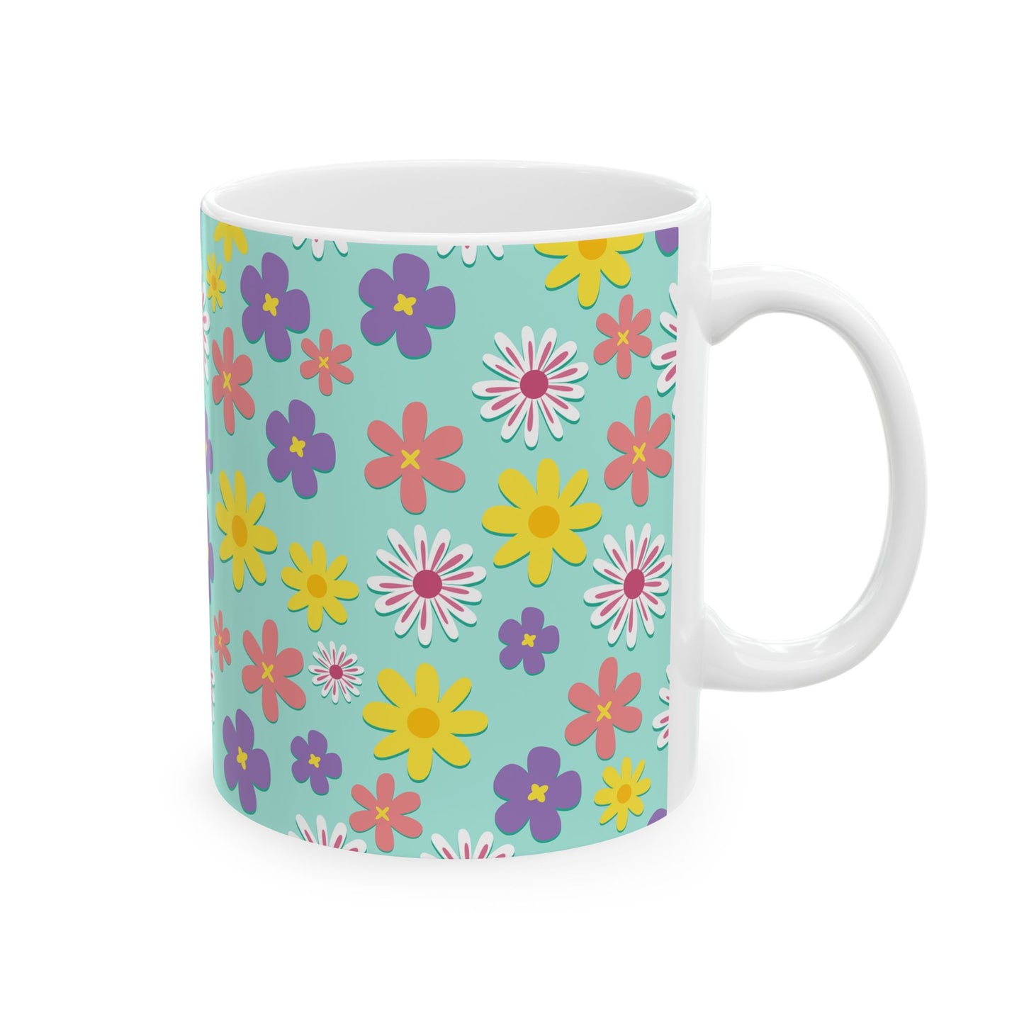 Turquoise Floral Pattern Mug — Colorful Daisy Coffee Cup (11oz & 15oz)