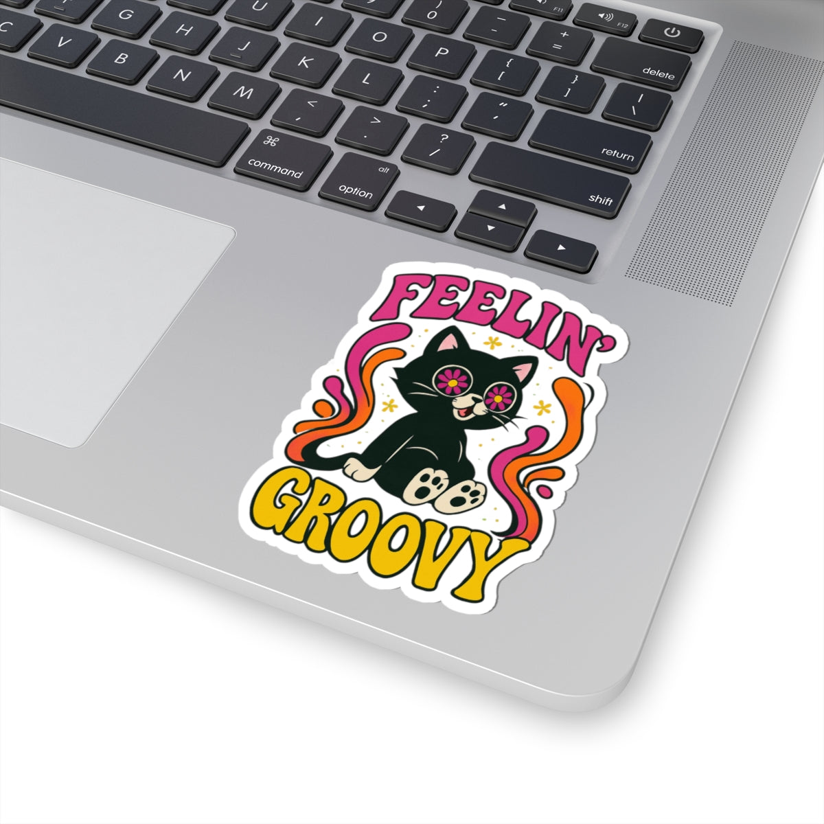 Feelin' Groovy Cat Kiss-Cut Sticker — Retro Psychedelic Floral Eyes