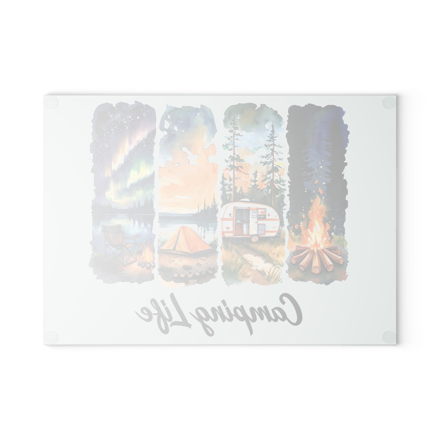 Camping Life Glass Cutting Board – Watercolor Camper, Tent & Campfire Kitchen Board