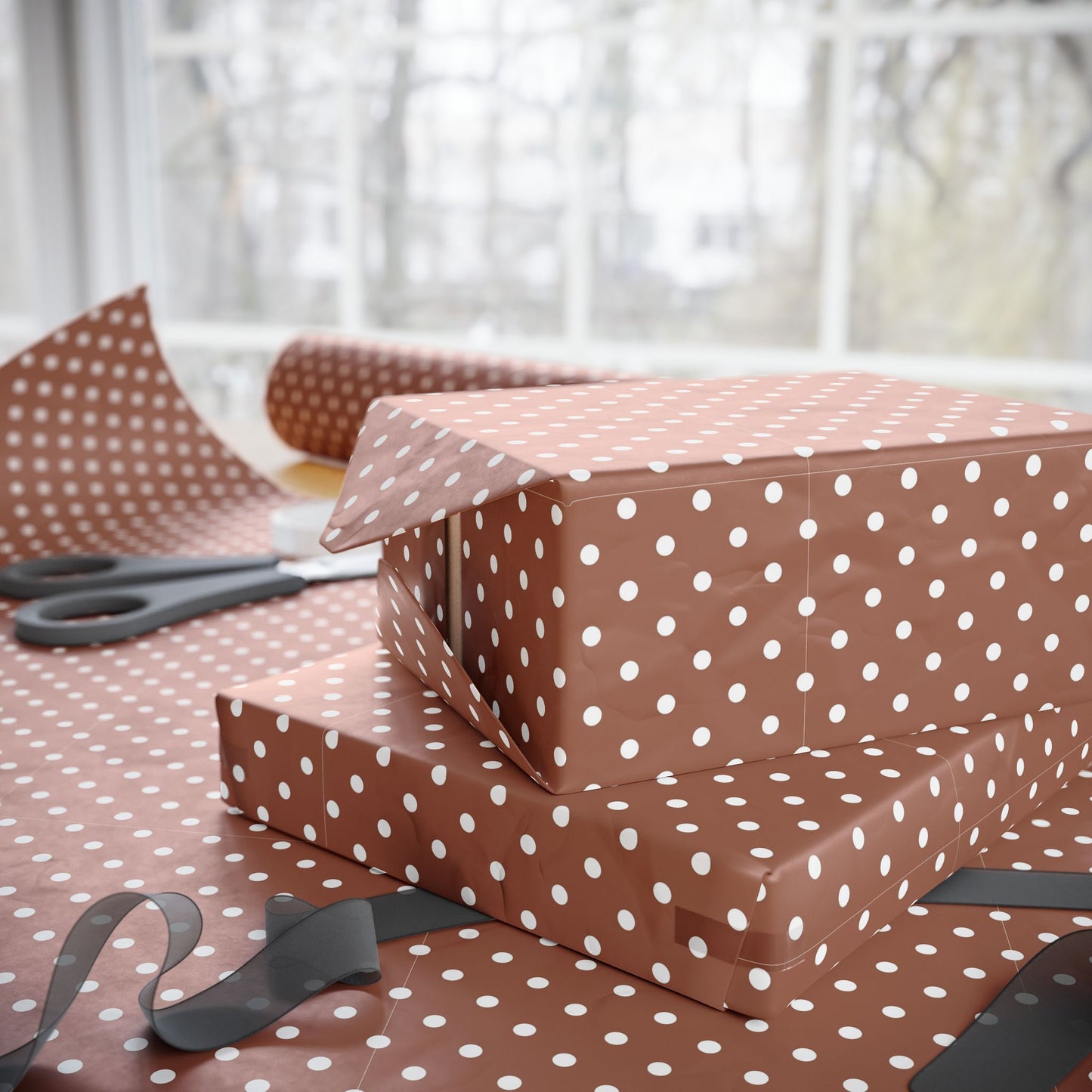 Polka Dot Brown Wrapping Paper Roll — Reversible Holiday & Gift Wrap