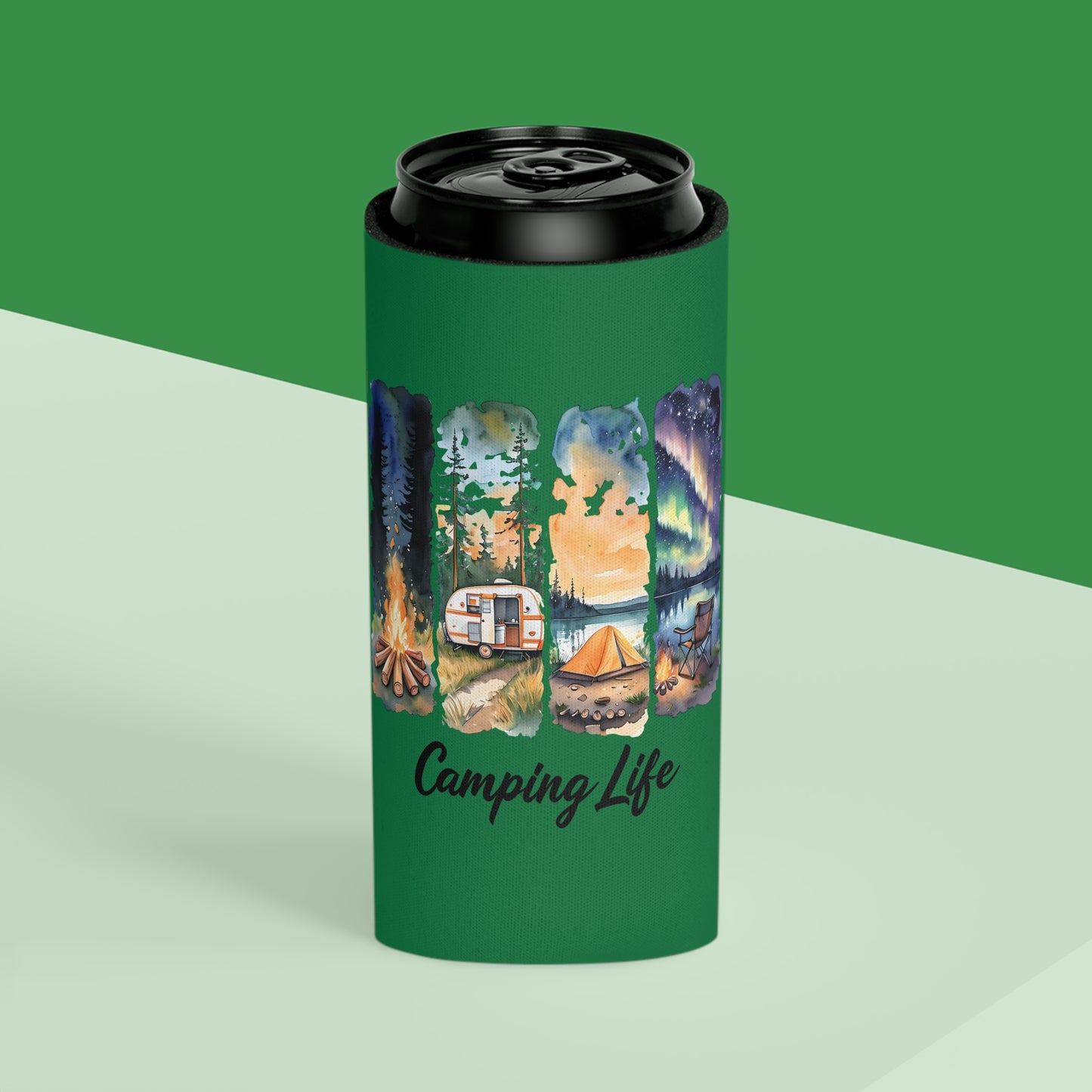 Camping Life Can Cooler – Insulated Beer Cooler with Campsite Watercolor Design
