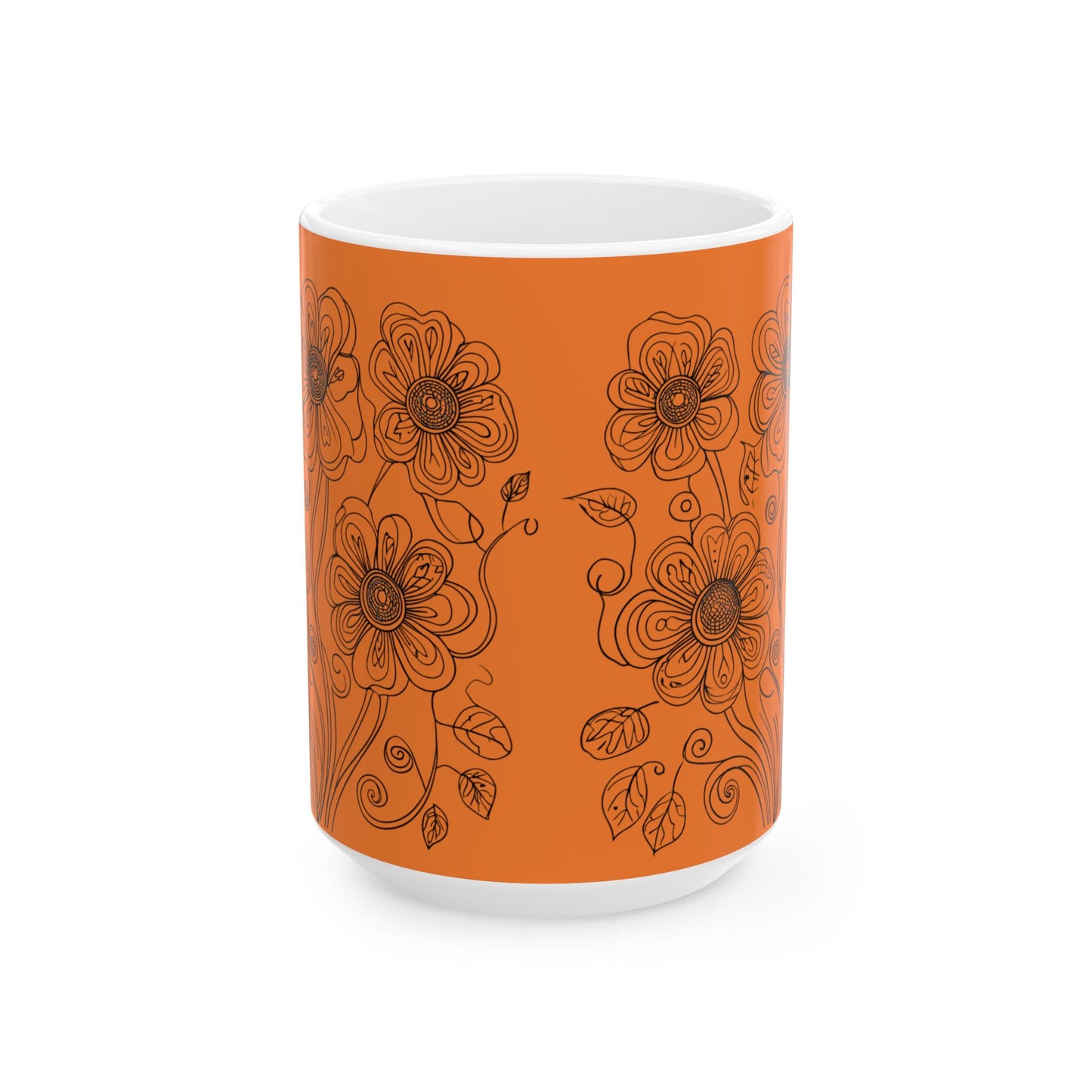 Orange Floral Ceramic Mug — Hand-Drawn Flower Pattern Coffee Tea Cup (11oz, 15oz)