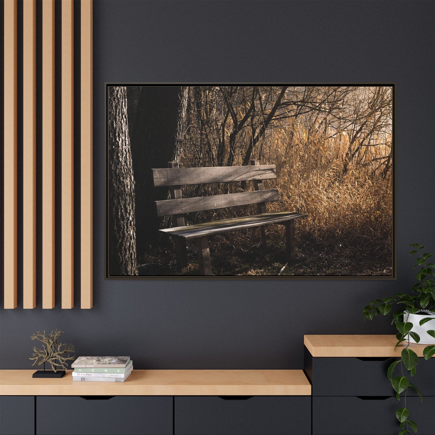 Framed Matte Canvas Print — Autumn Park Bench Photography