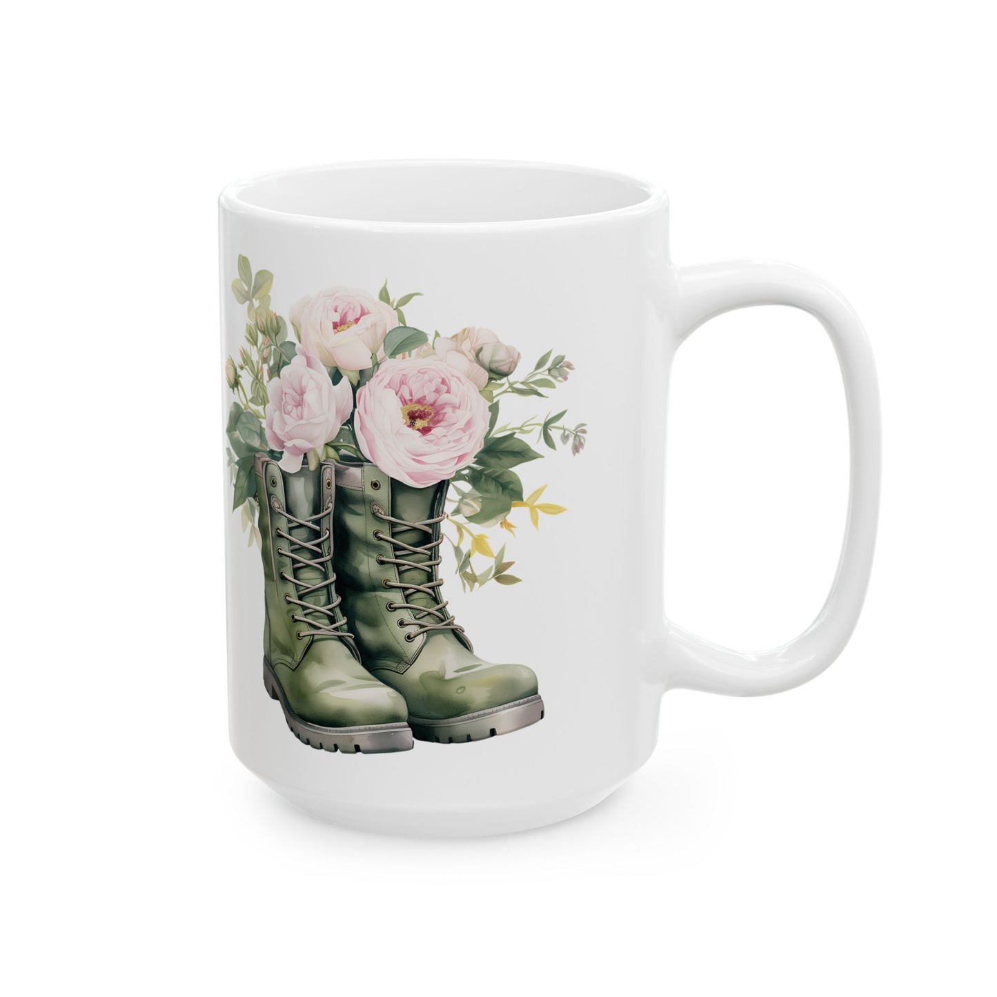 Floral Combat Boot Mug — Military Green Boot with Pink Roses Ceramic Coffee Cup (11oz & 15oz)