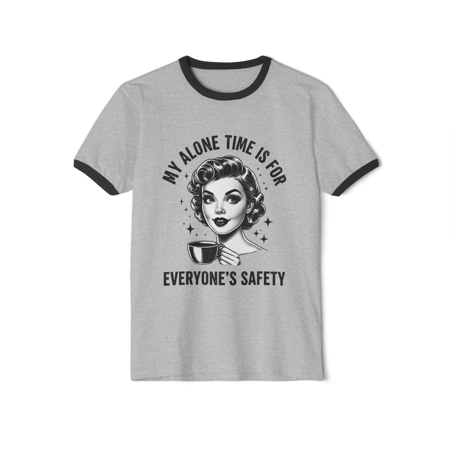 Vintage Retro Ringer T‑Shirt — “My Alone Time Is For Everyone’s Safety” Coffee Graphic