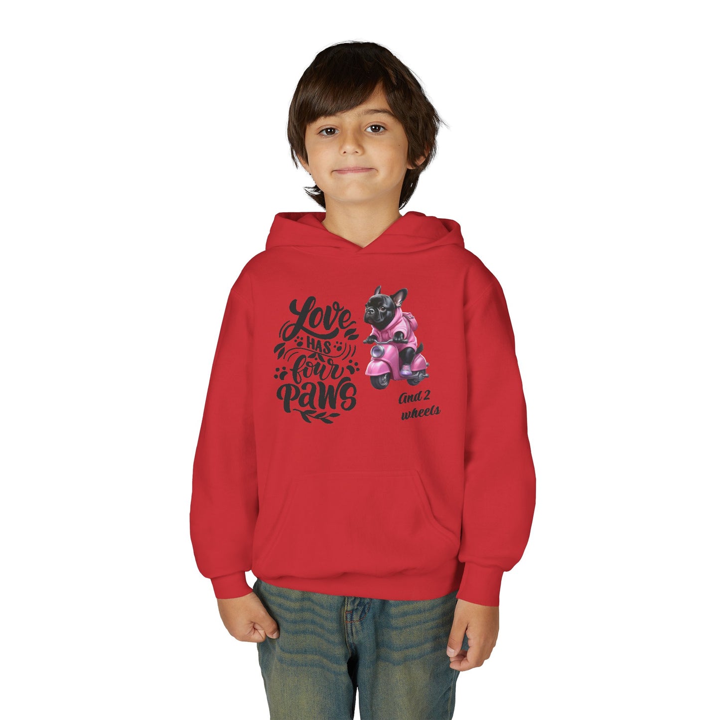 Youth Hoodie — "Love Has Four Paws" Pink Scooter French Bulldog Graphic