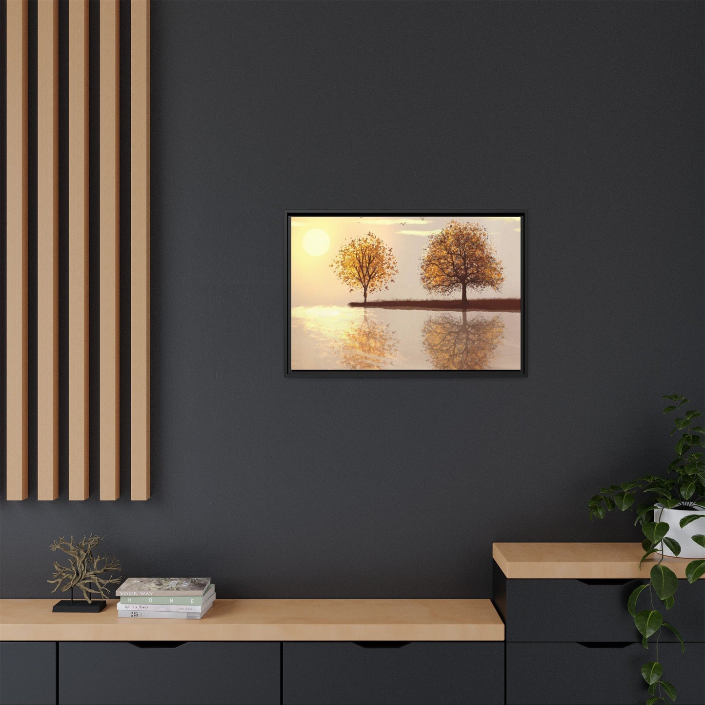 Framed Matte Canvas Wall Art — Golden Autumn Trees Reflection