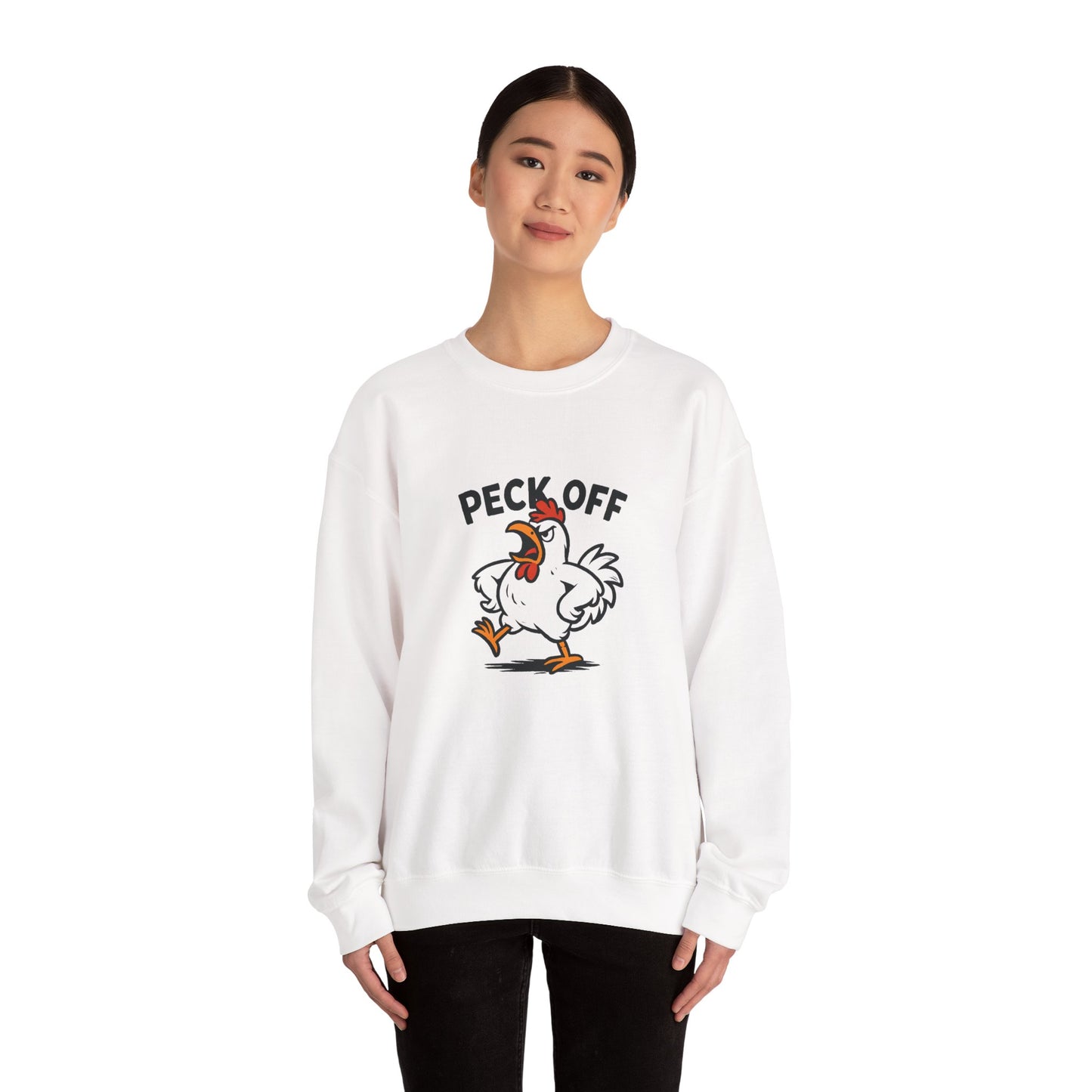 Crewneck Sweatshirt — 'Peck Off' Funny Angry Chicken Graphic