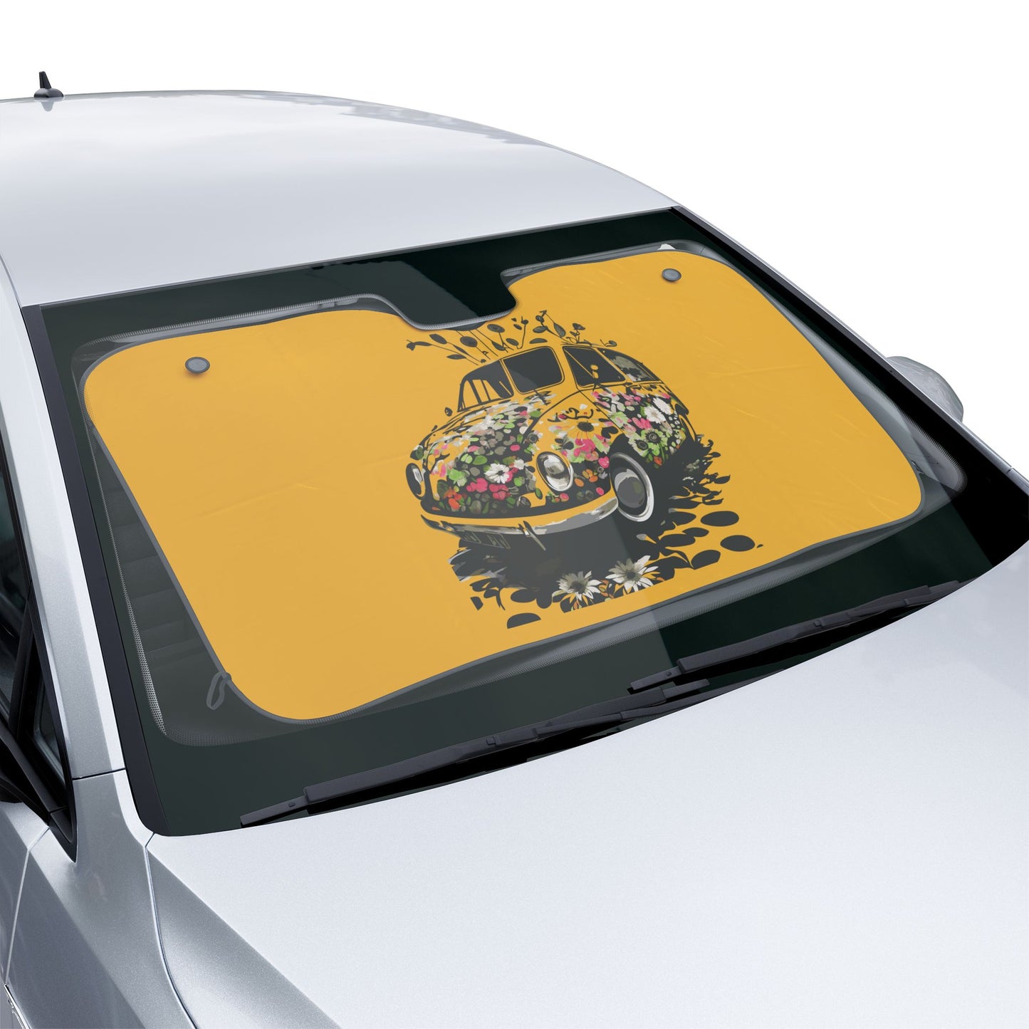 Retro Floral Beetle Car Sun Shade — Yellow Windshield Sunshade