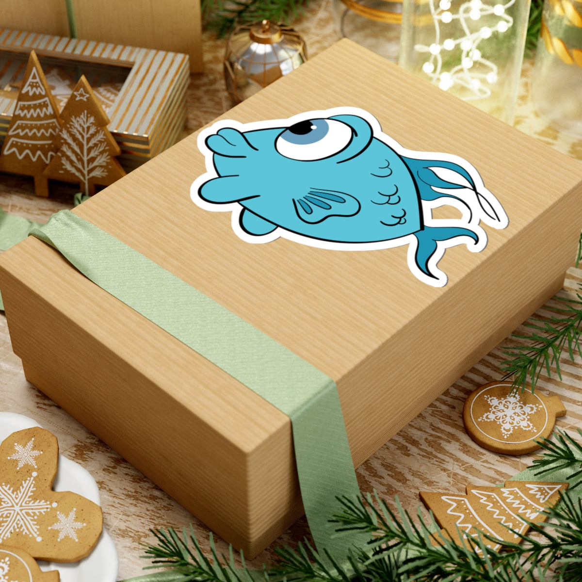 Cute Blue Cartoon Fish Kiss-Cut Sticker — Waterproof Laptop & Water Bottle Decal
