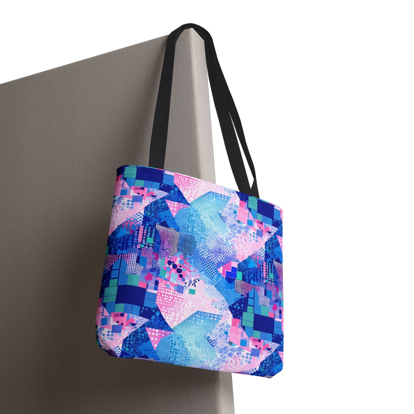 Abstract Blue Pink Geometric Tote Bag — Colorful Patterned All-Over Print Tote