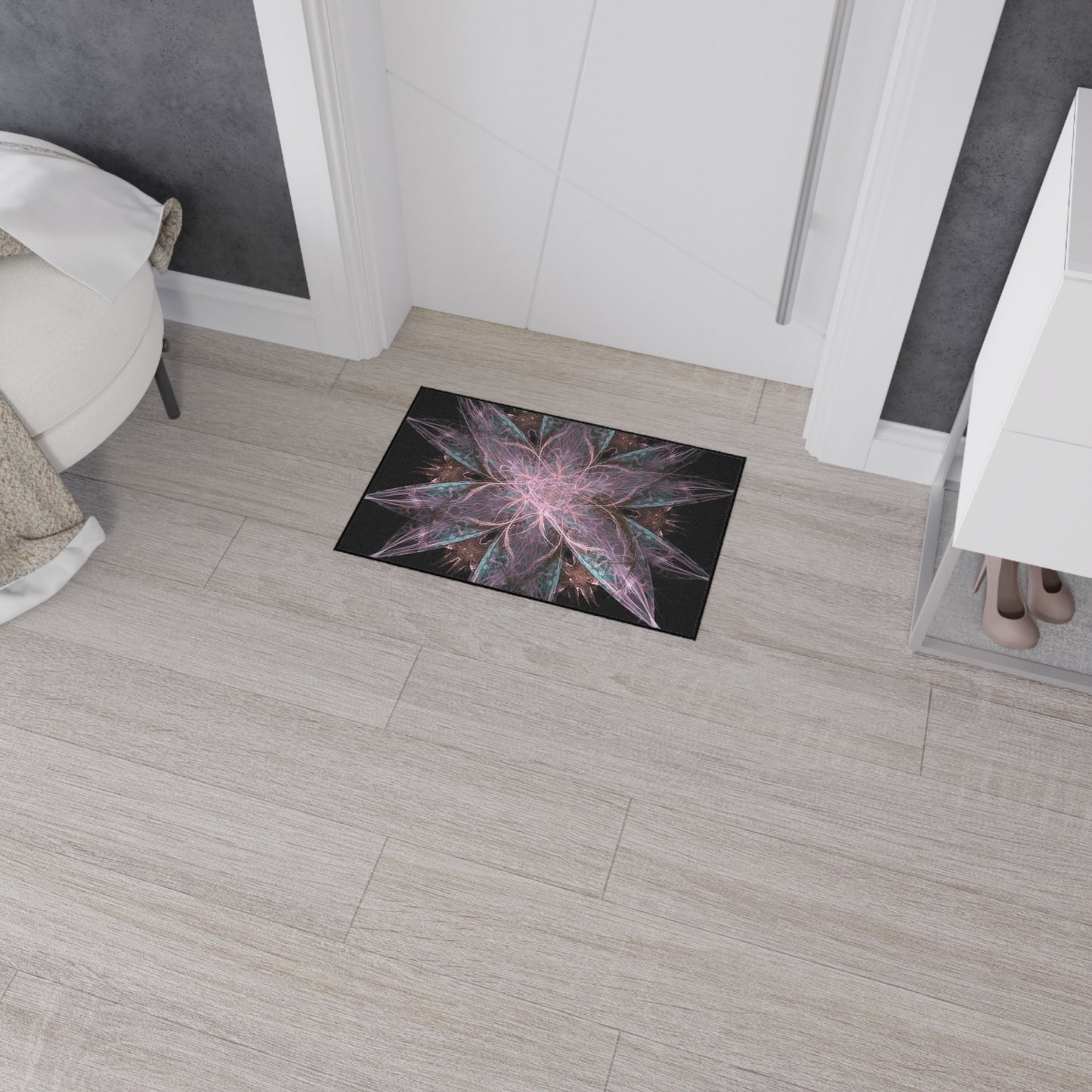 Abstract Floral Mandala Heavy-Duty Floor Mat — Pink Teal Fractal Design