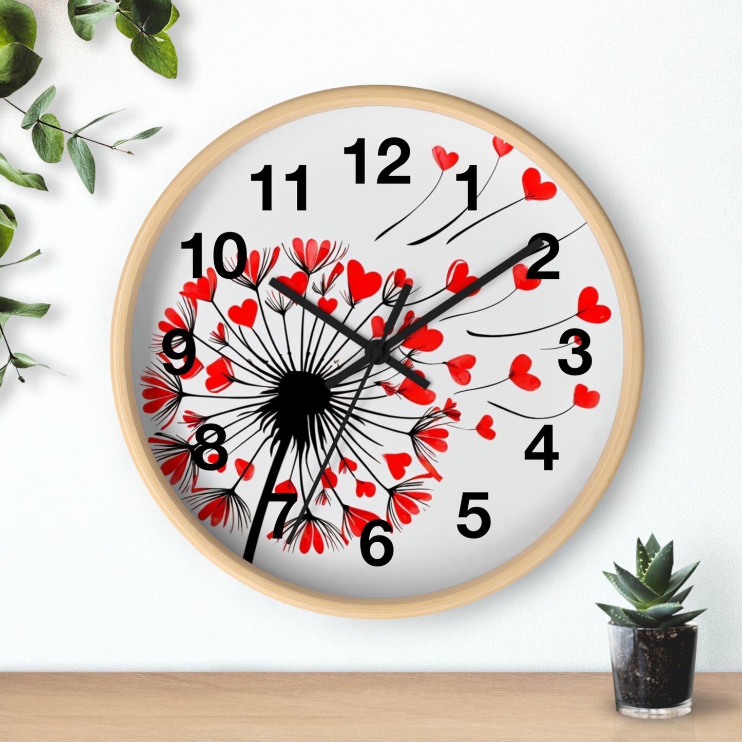 Heart Dandelion Wall Clock — Romantic Red Heart Seeds Decorative Clock