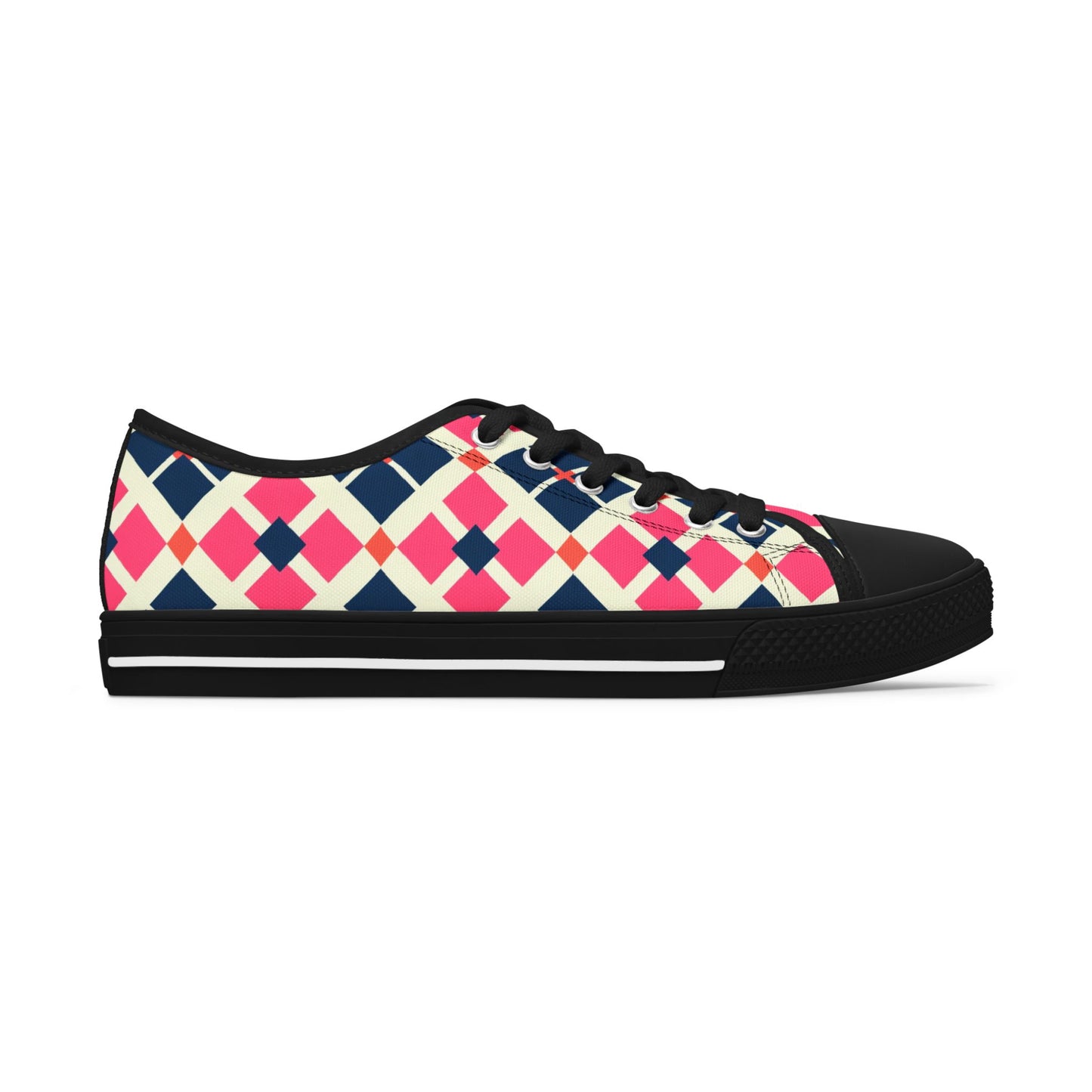 Argyle Pattern Low Top Sneakers — Pink Navy Geometric Casual Shoes