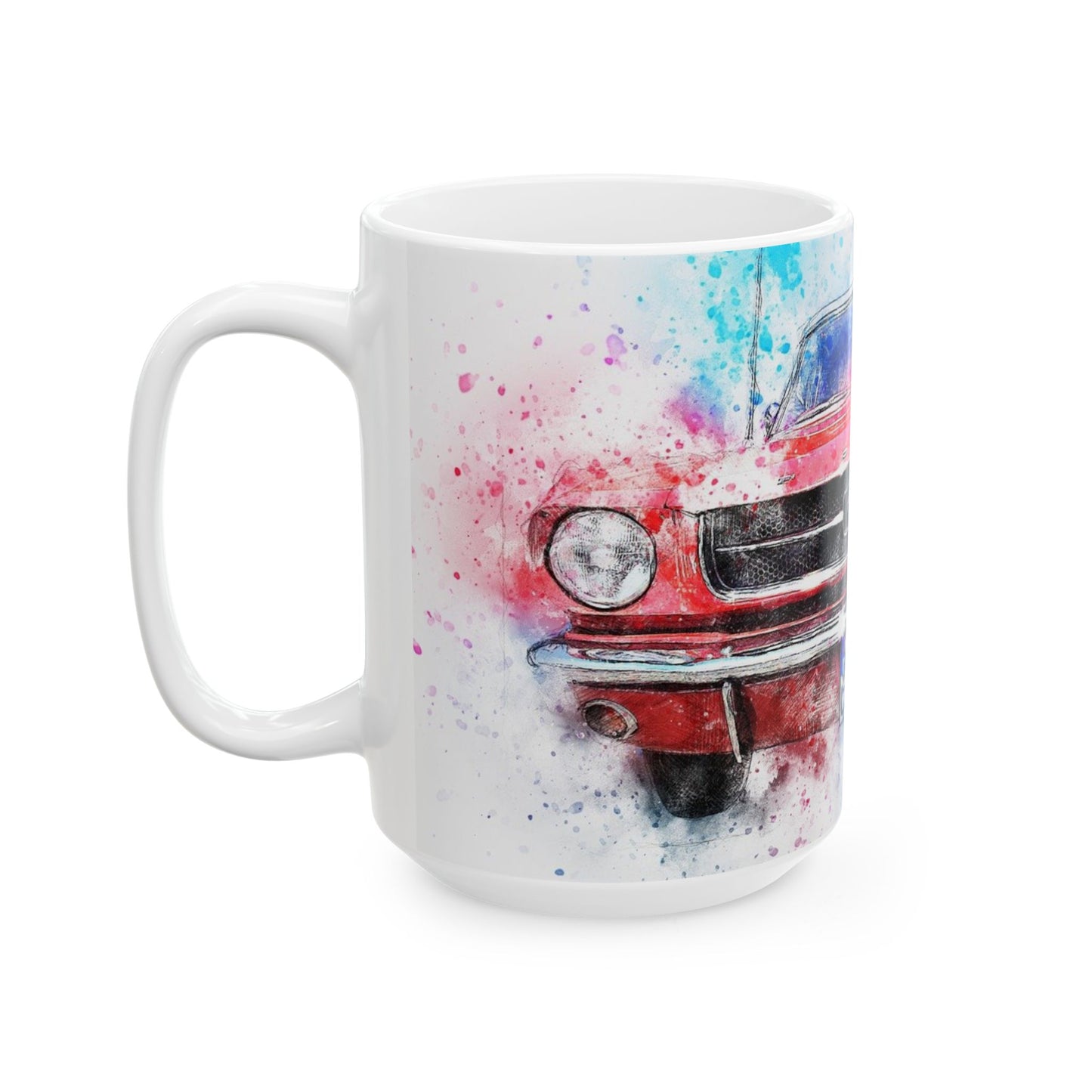Mustang Front Grill Watercolor Ceramic Mug — Car Enthusiast Coffee Cup (11oz/15oz)