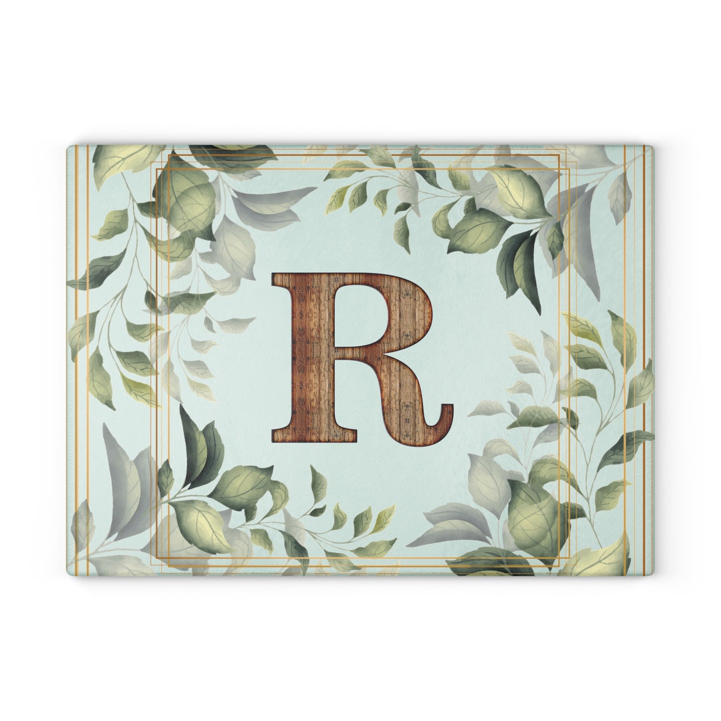 Monogram Glass Cutting Board — Rustic Wood “R” with Greenery Border